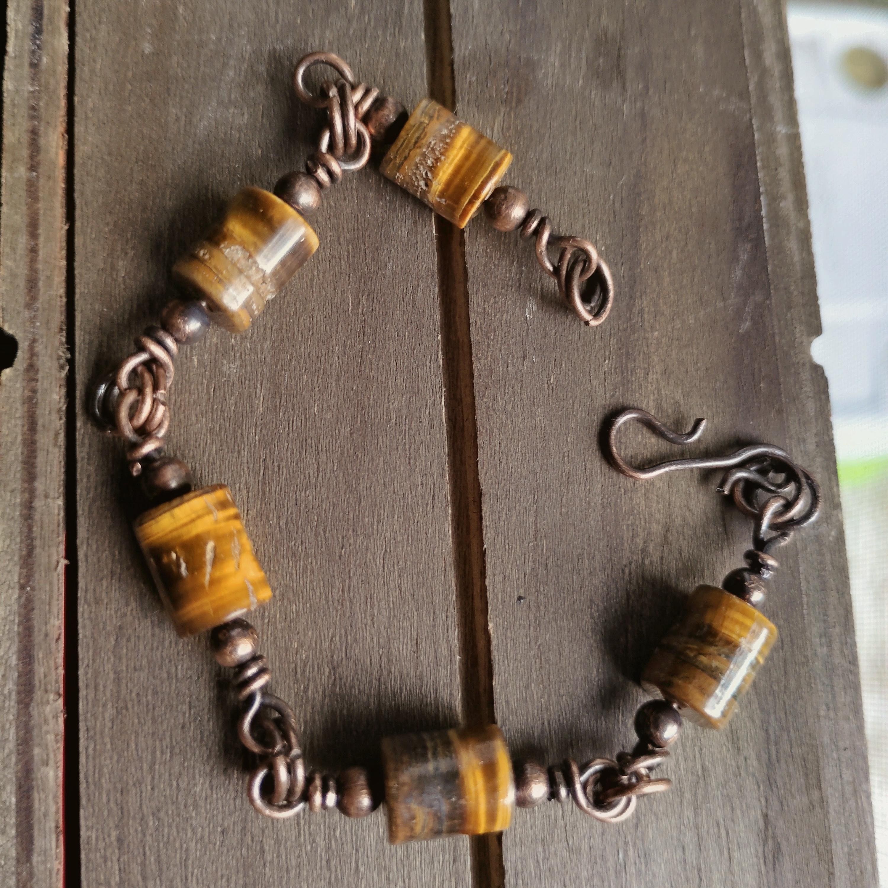 Handmade Tigers Eye and Copper Bracelet, size 7.5