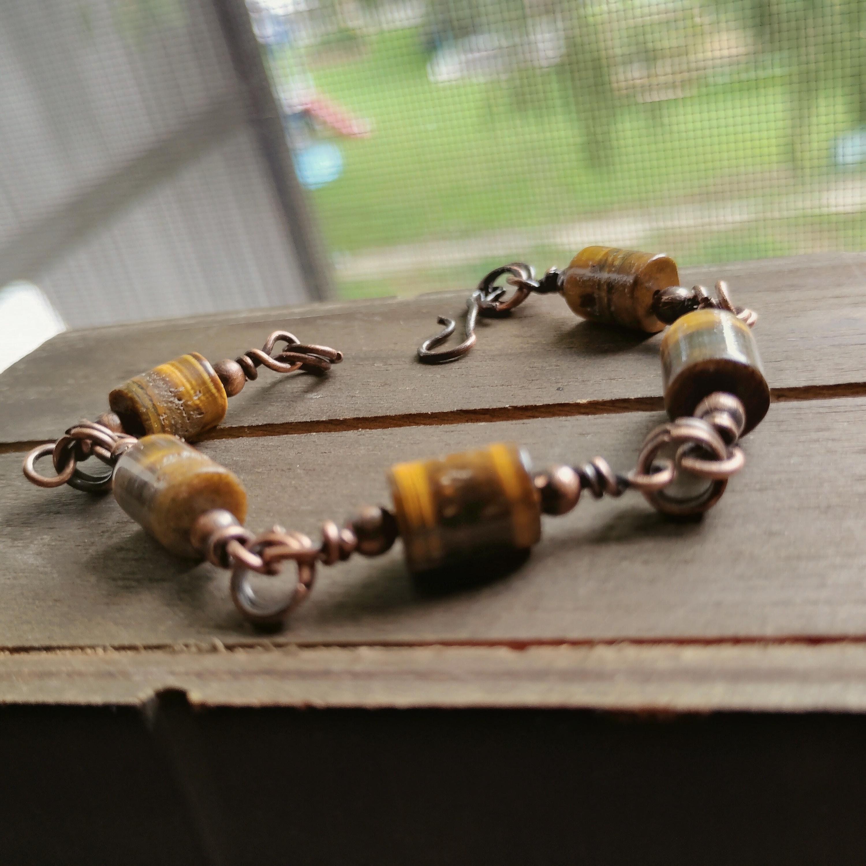 Handmade Tigers Eye and Copper Bracelet, size 7.5, view 2
