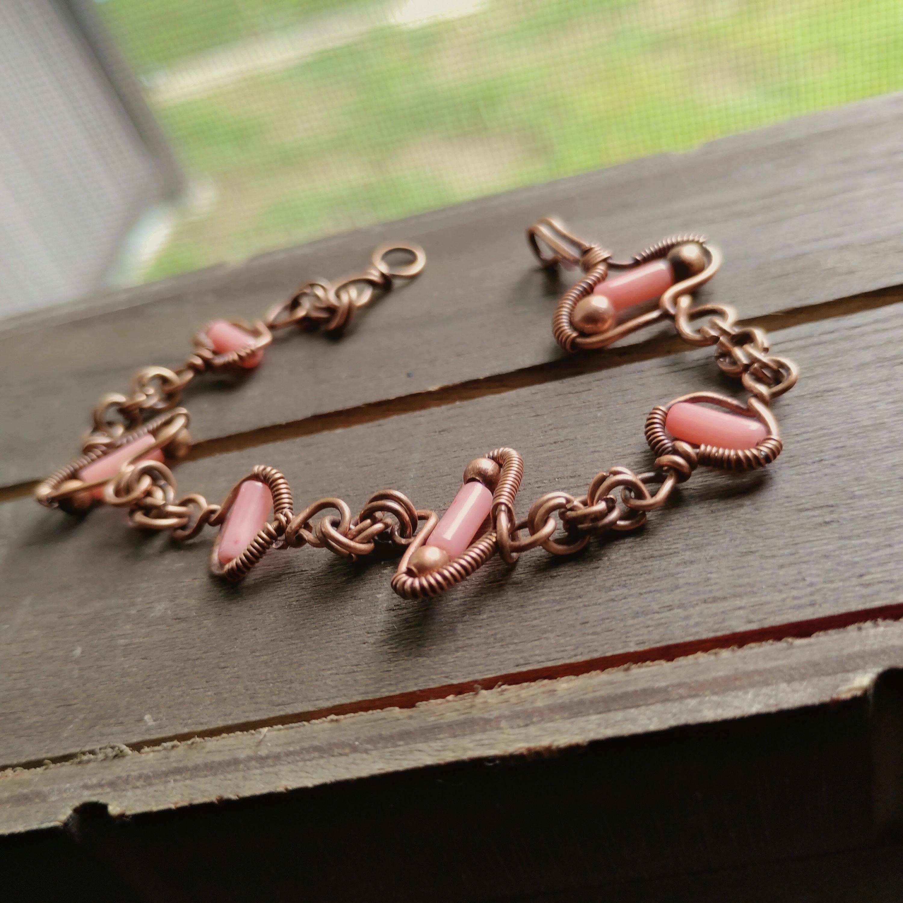 Handmade Wire Wrapped Copper Bracelet with Soft Pink Coral Accents size 6.5 oxidized