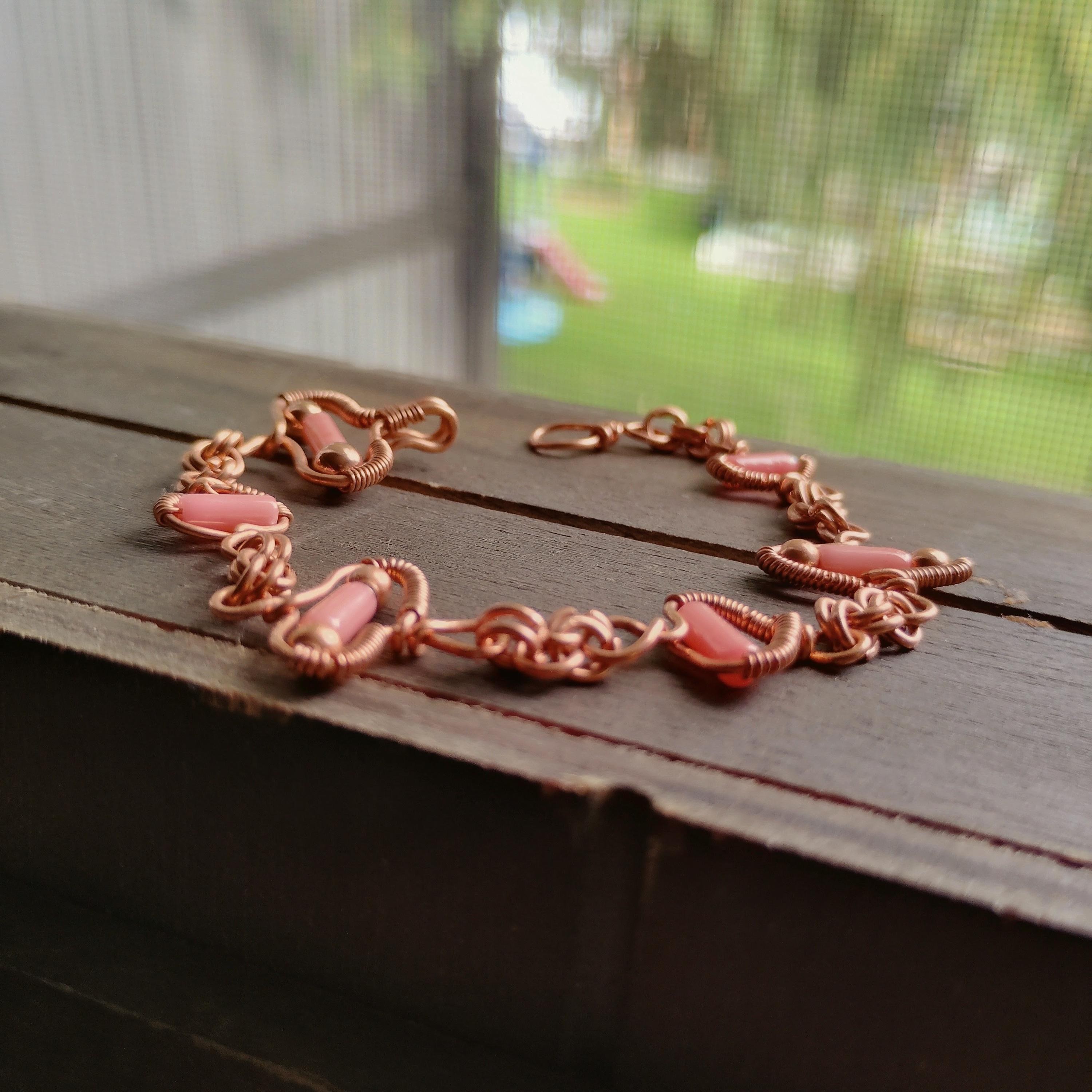 Handmade Wire Wrapped Copper Bracelet with Soft Pink Coral Accents