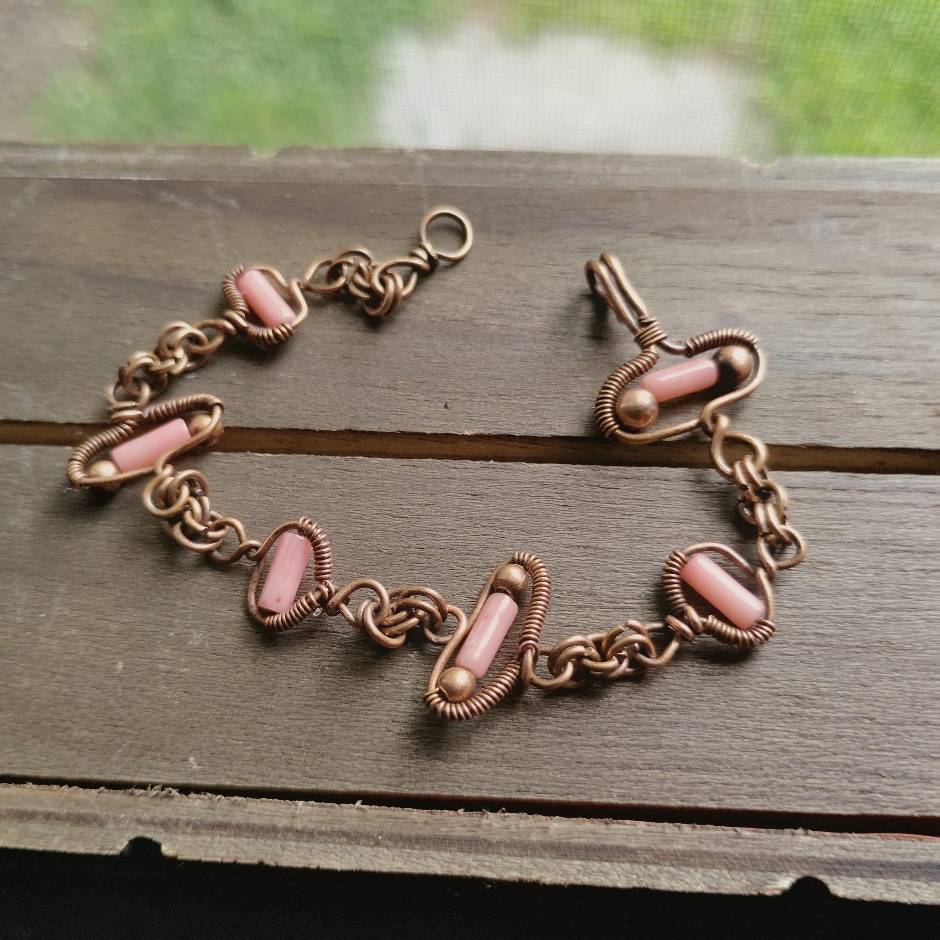 Handmade Wire Wrapped Copper Bracelet with Soft Pink Coral Accents size 6.5 oxidized, view 2