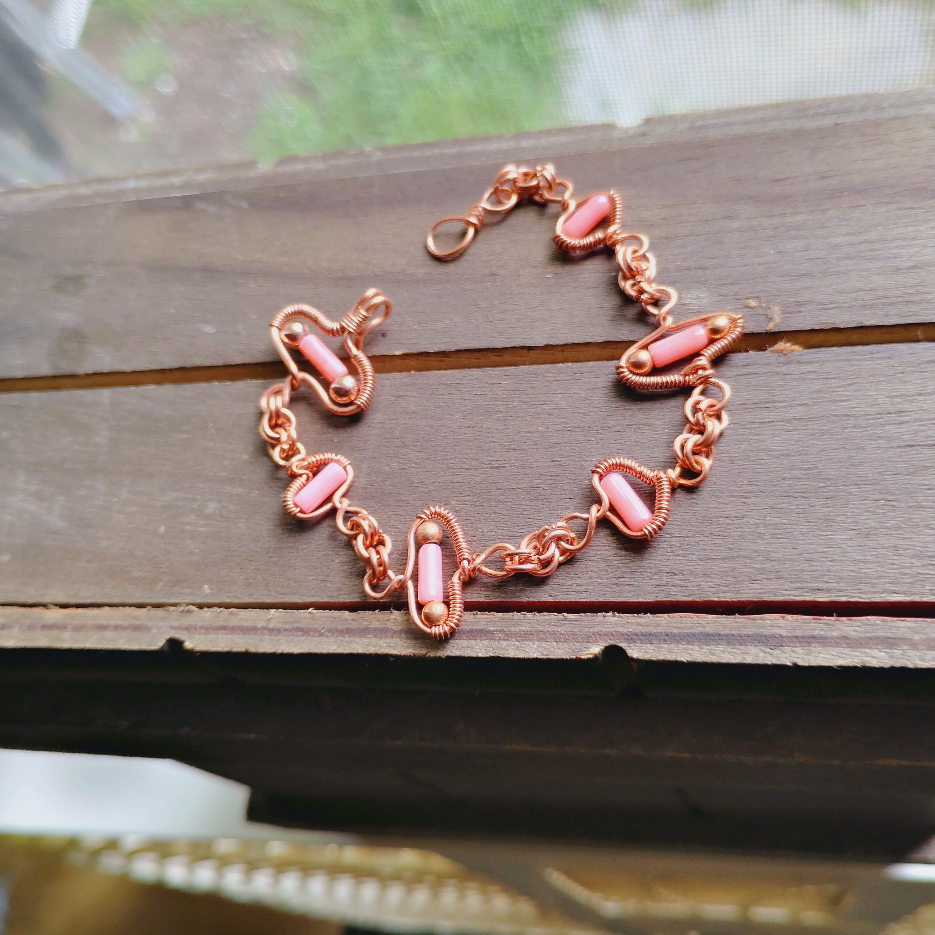 Handmade Wire Wrapped Copper Bracelet with Soft Pink Coral Accents, view 2