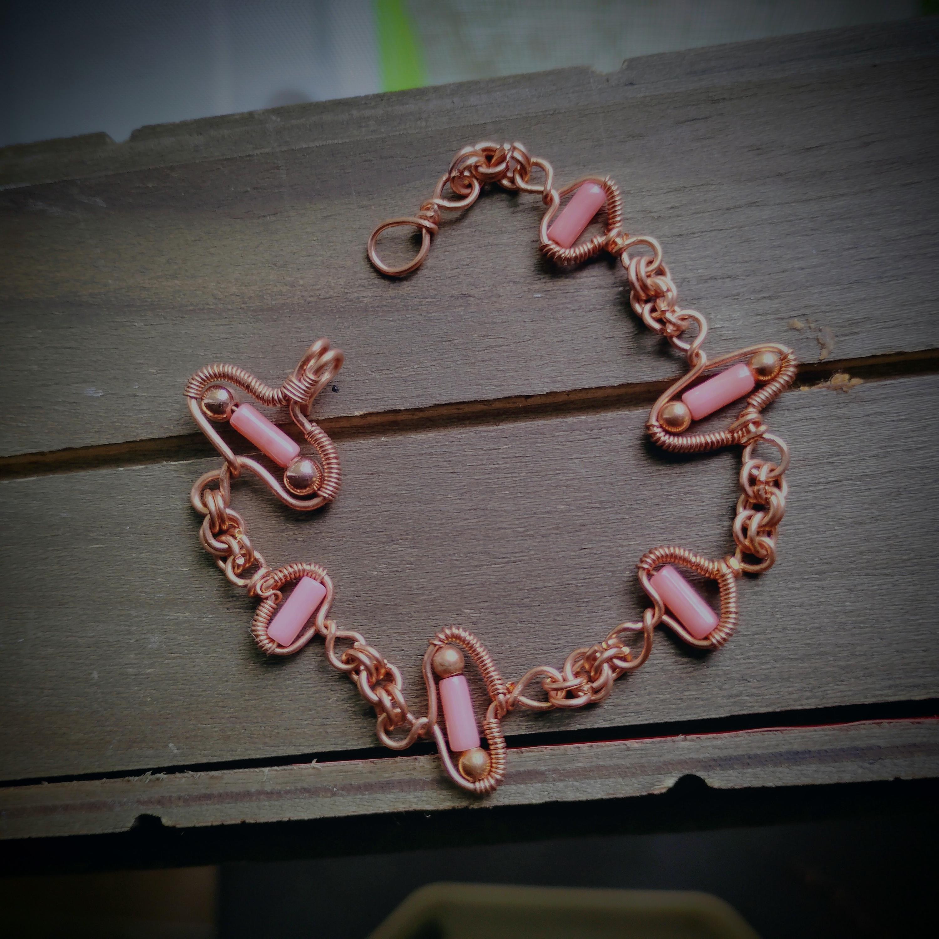 Handmade Wire Wrapped Copper Bracelet with Soft Pink Coral Accents, view 3