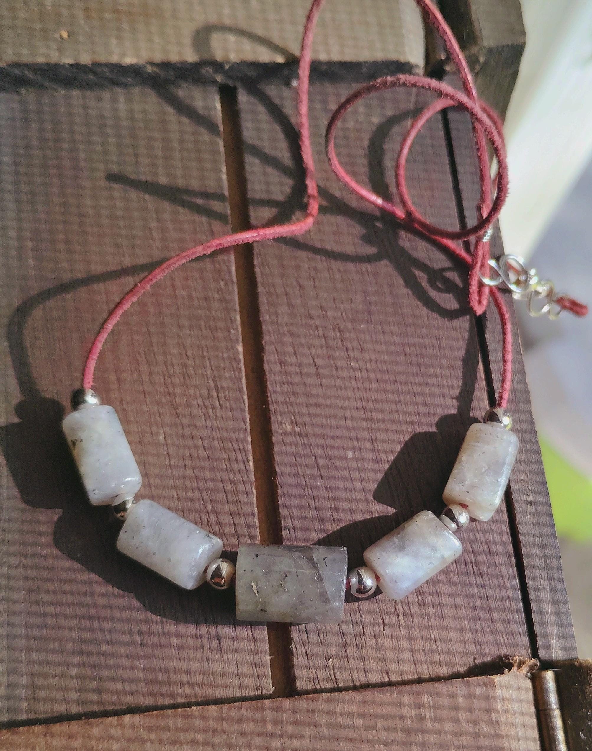 Labradorite Leather Necklace with Silver-Tone Spacers, Handmade Gemstone Jewelry, view 3