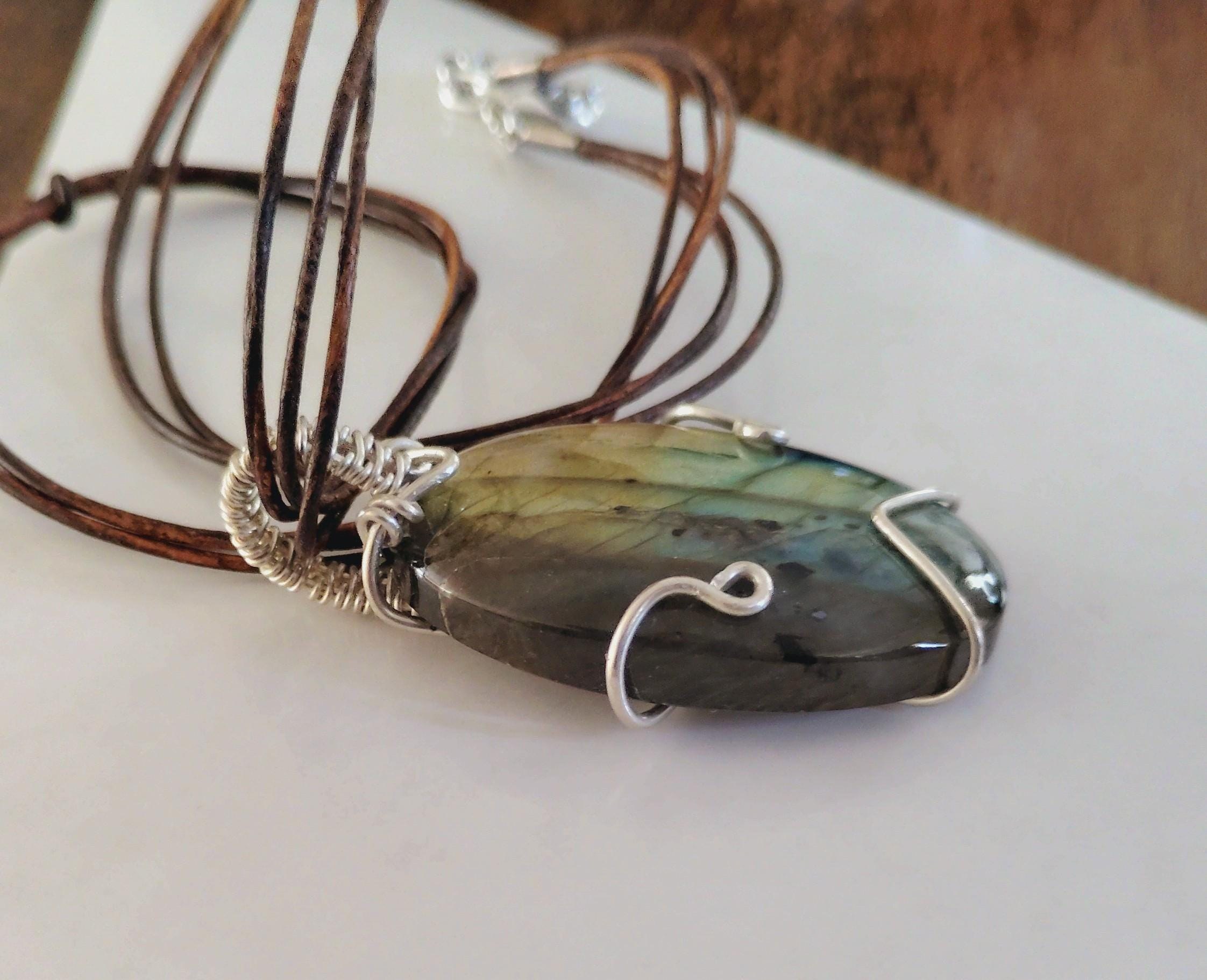 Labradorite Pendant Sterling Silver Wire Wrapped Necklace, Top Quality Labradorite, Handmade One of a Kind Jewelry, MJ’s Blues Handmades, view 2