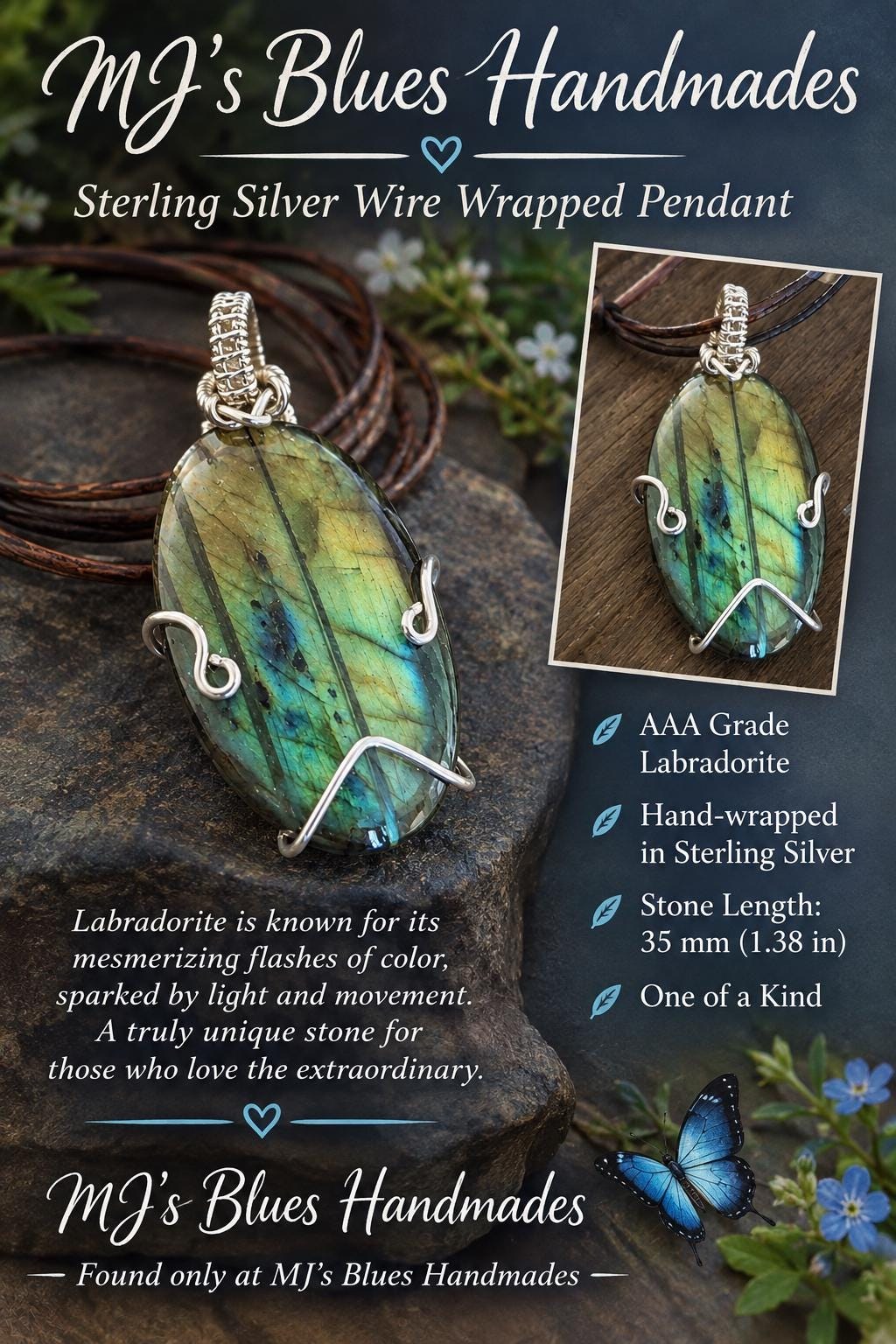Labradorite Pendant Sterling Silver Wire Wrapped Necklace, Top Quality Labradorite, Handmade One of a Kind Jewelry, MJ’s Blues Handmades, view 3