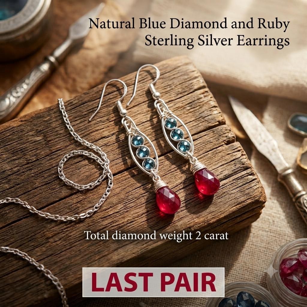 Natural Blue Diamond & Red Ruby Earrings | 2 CTW Rare Gemstones in Sterling Silver Drop