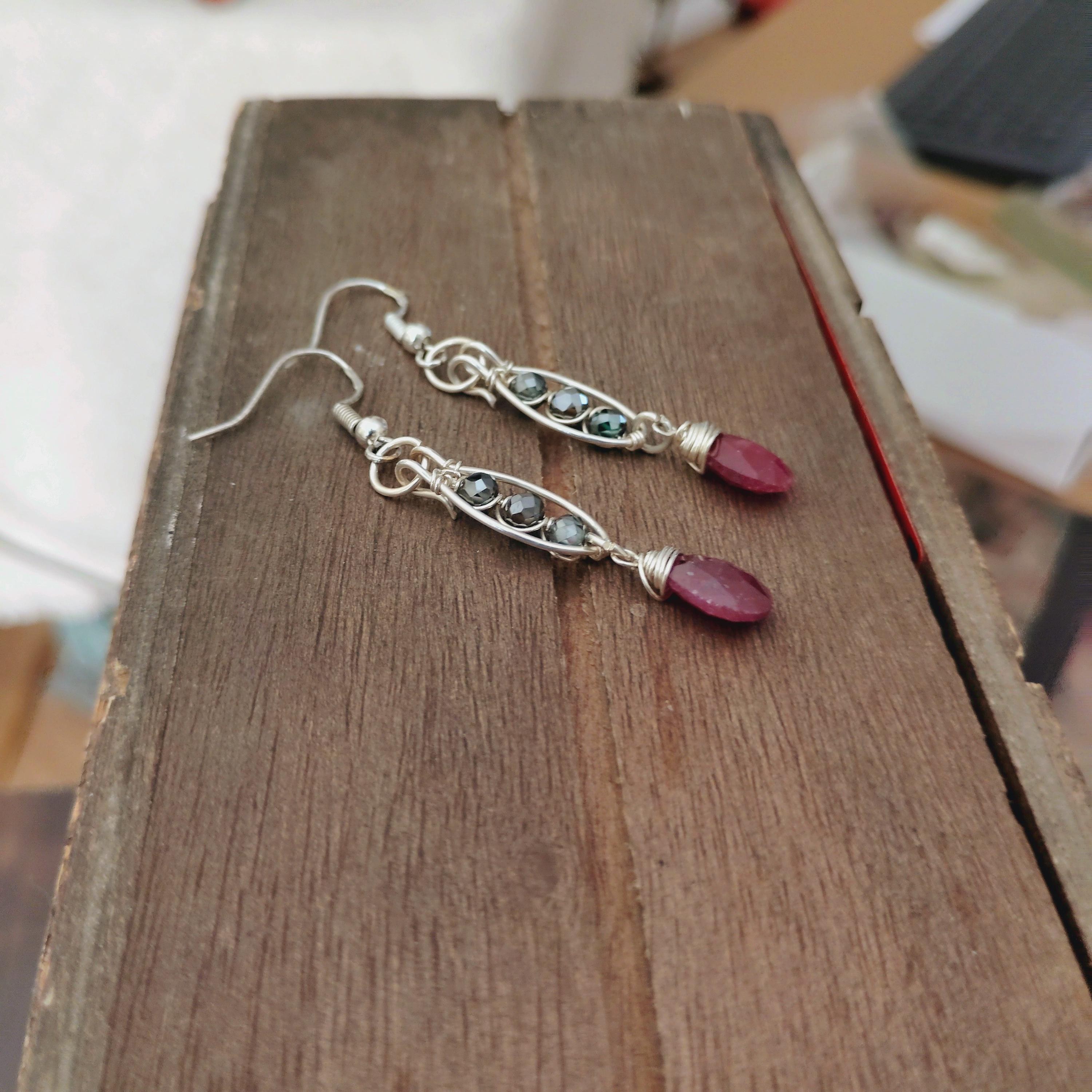Natural Blue Diamond & Red Ruby Earrings | 2 CTW Rare Gemstones in Sterling Silver Drop, view 3