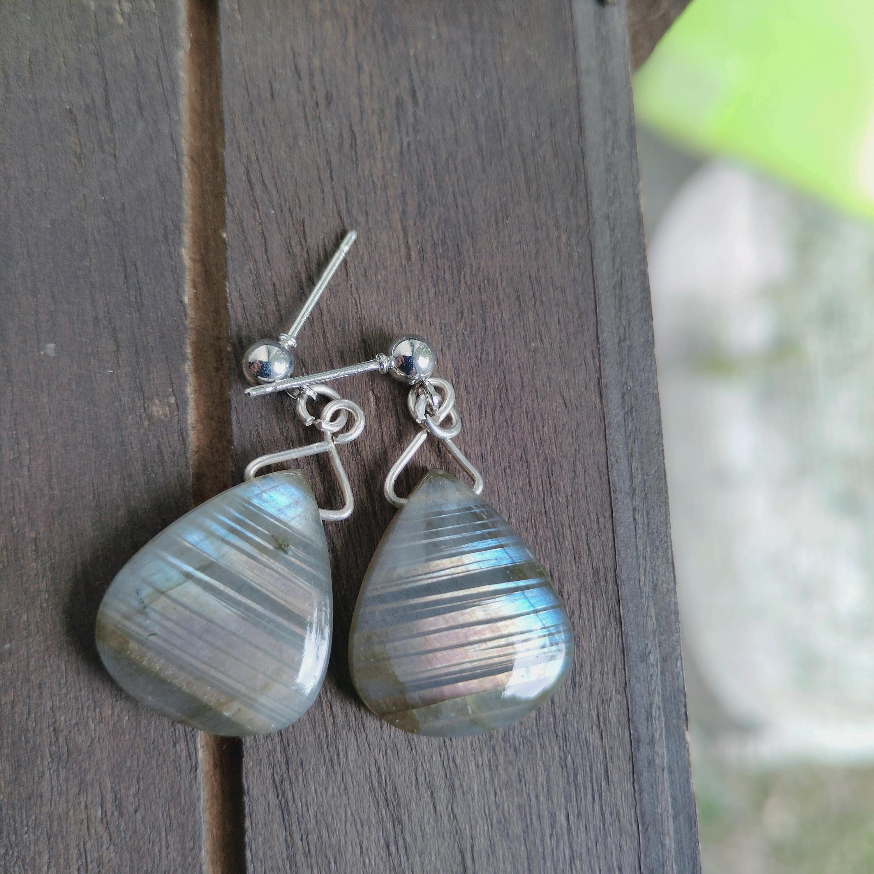 Pear-Shaped Labradorite Earrings | Sterling Silver | Pink, Blue & Purple Flash, view 2