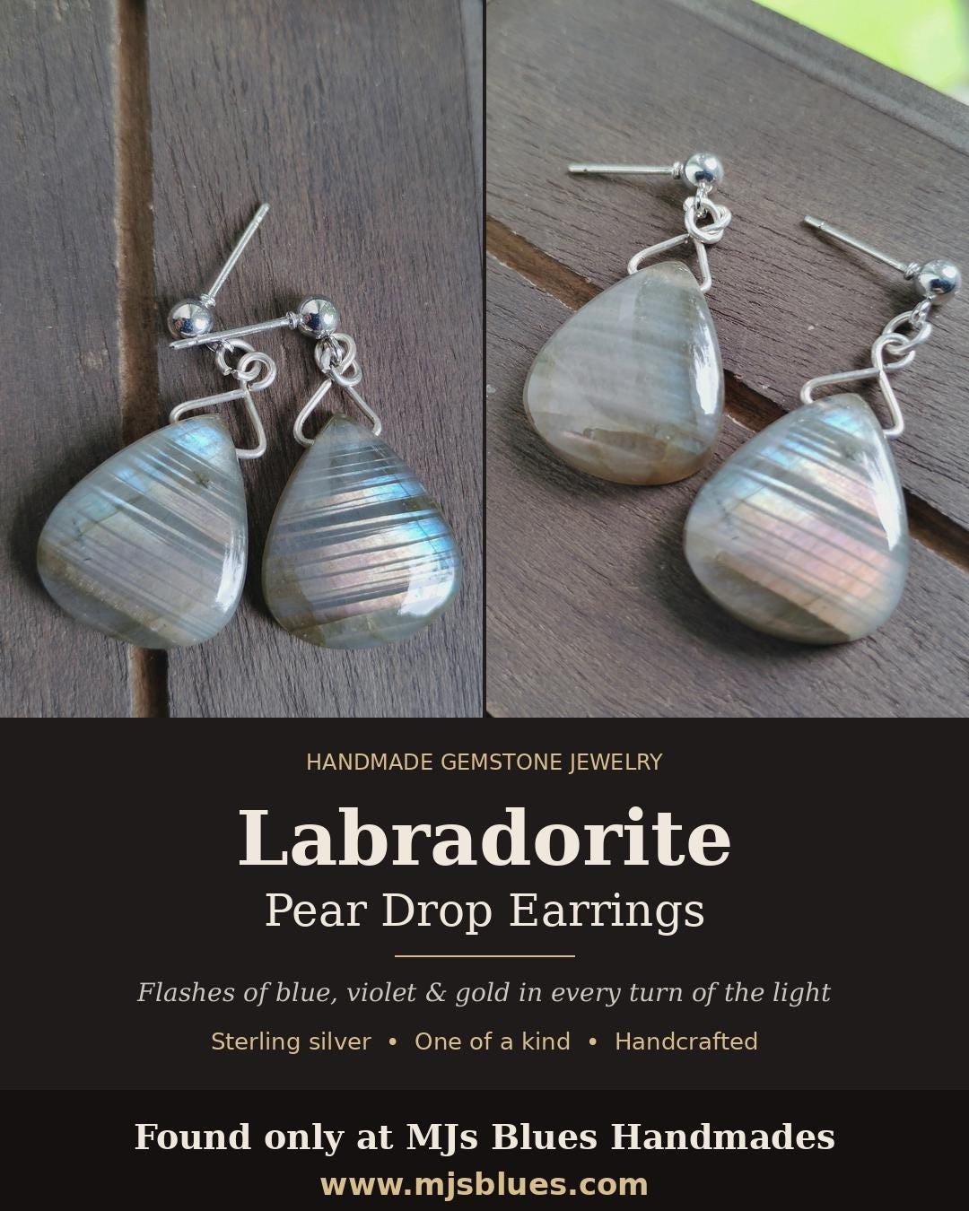 Pear-Shaped Labradorite Earrings | Sterling Silver | Pink, Blue & Purple Flash, view 3