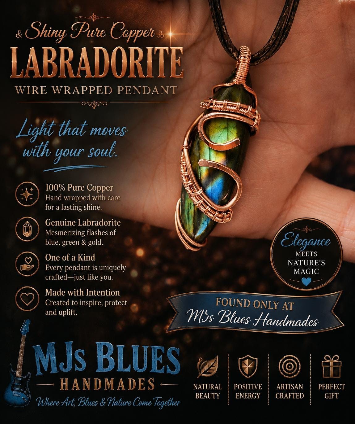 Stunning Marquis Labradorite Copper Pendant Necklace