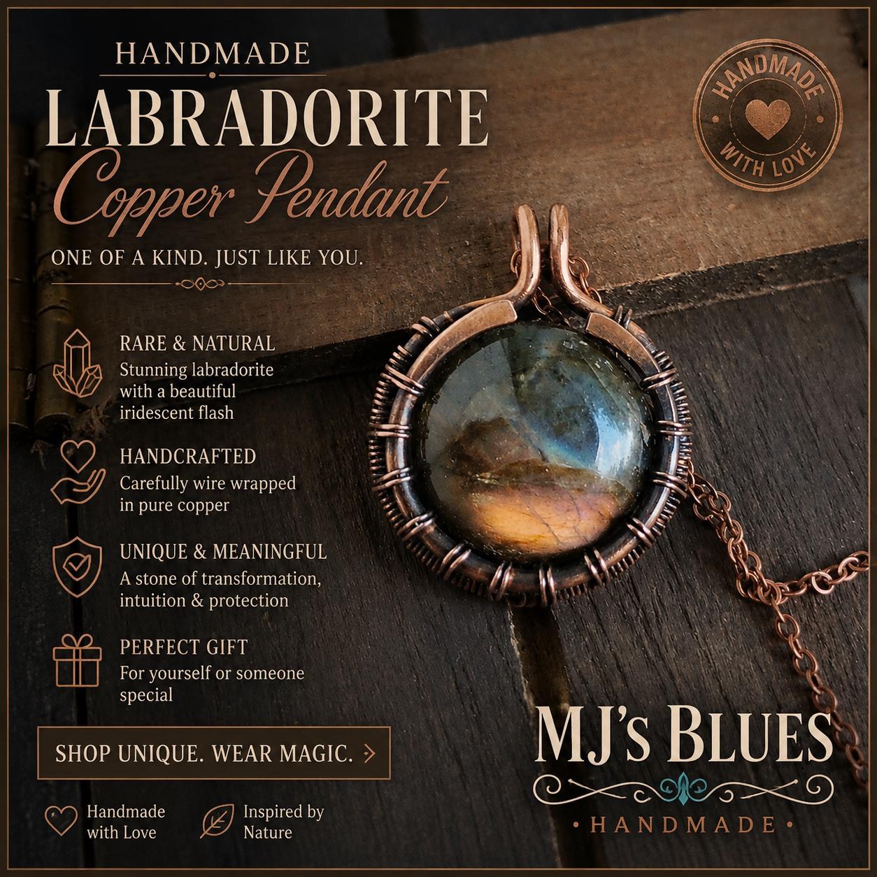 Stunning Round Labradorite Copper Pendant Necklace