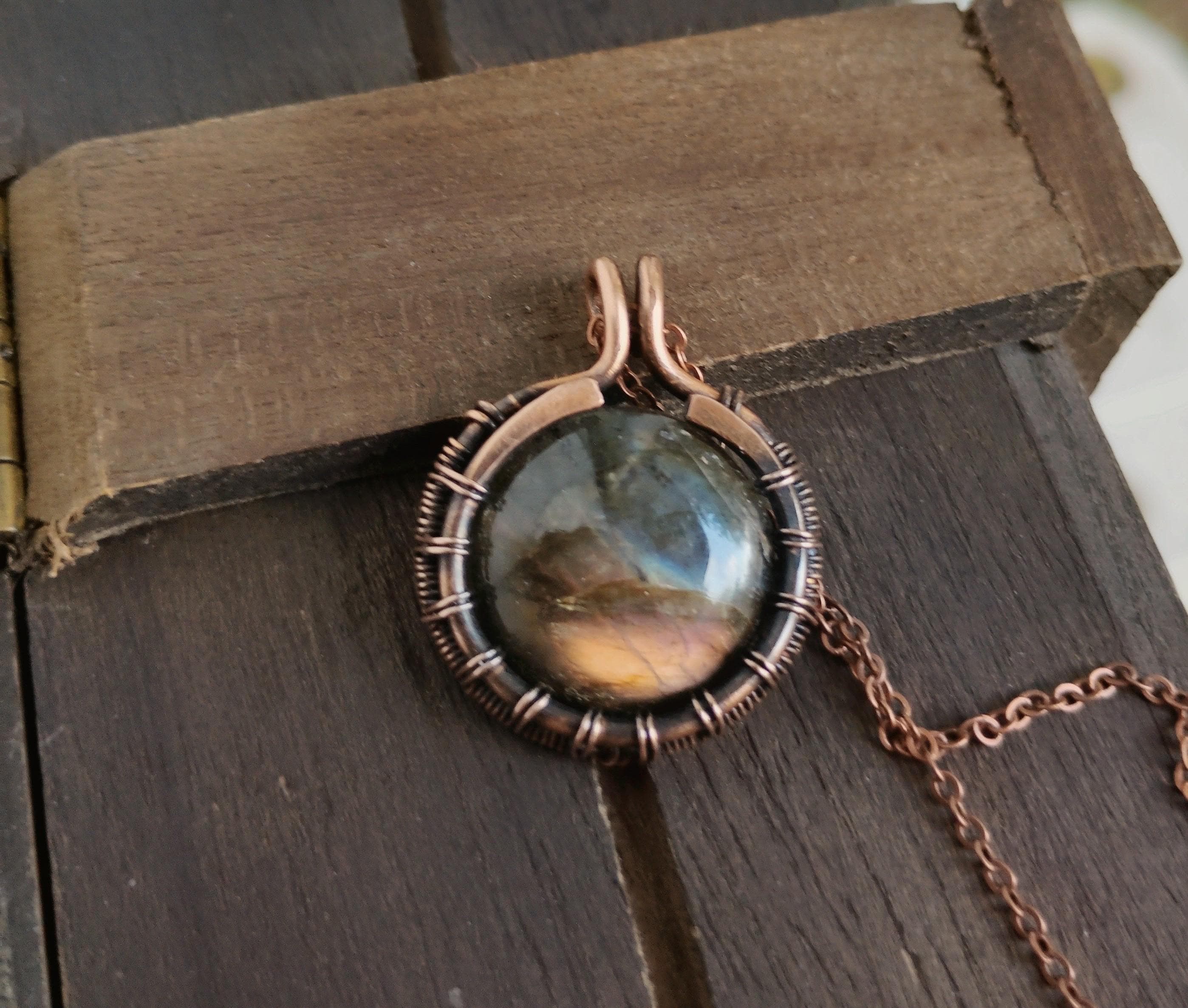 Stunning Round Labradorite Copper Pendant Necklace, view 4