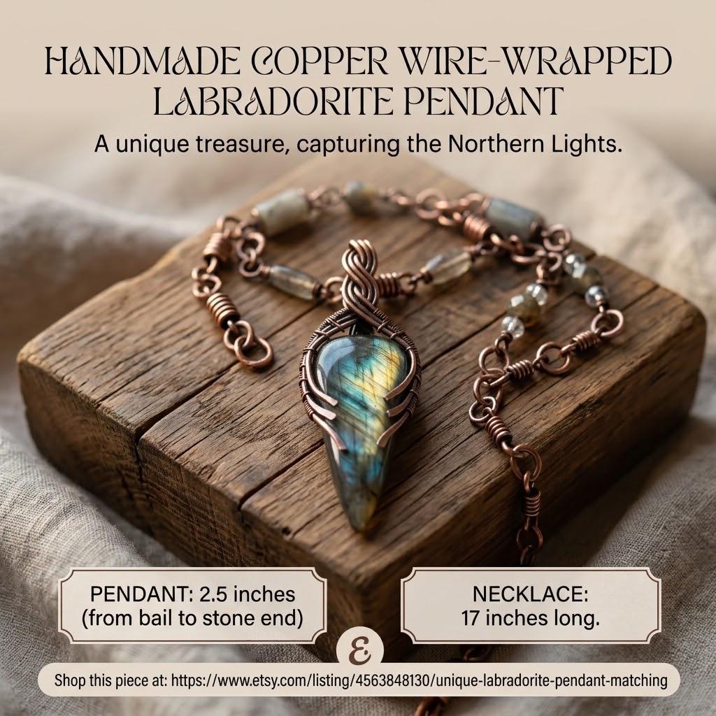 Unique Labradorite Pendant & Matching Beaded Copper Chain – 17" Wire Wrapped Necklace