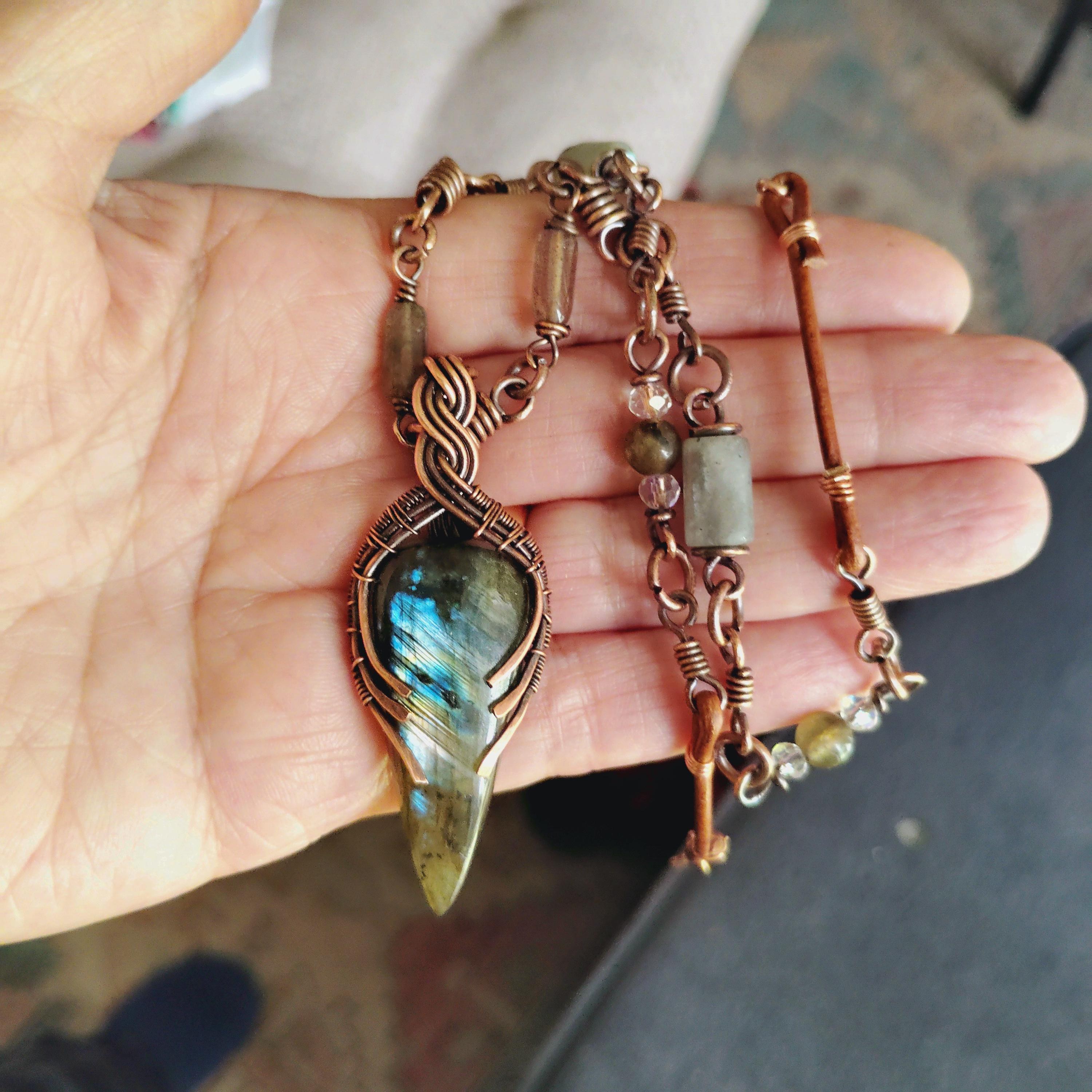 Unique Labradorite Pendant & Matching Beaded Copper Chain – 17" Wire Wrapped Necklace, view 2
