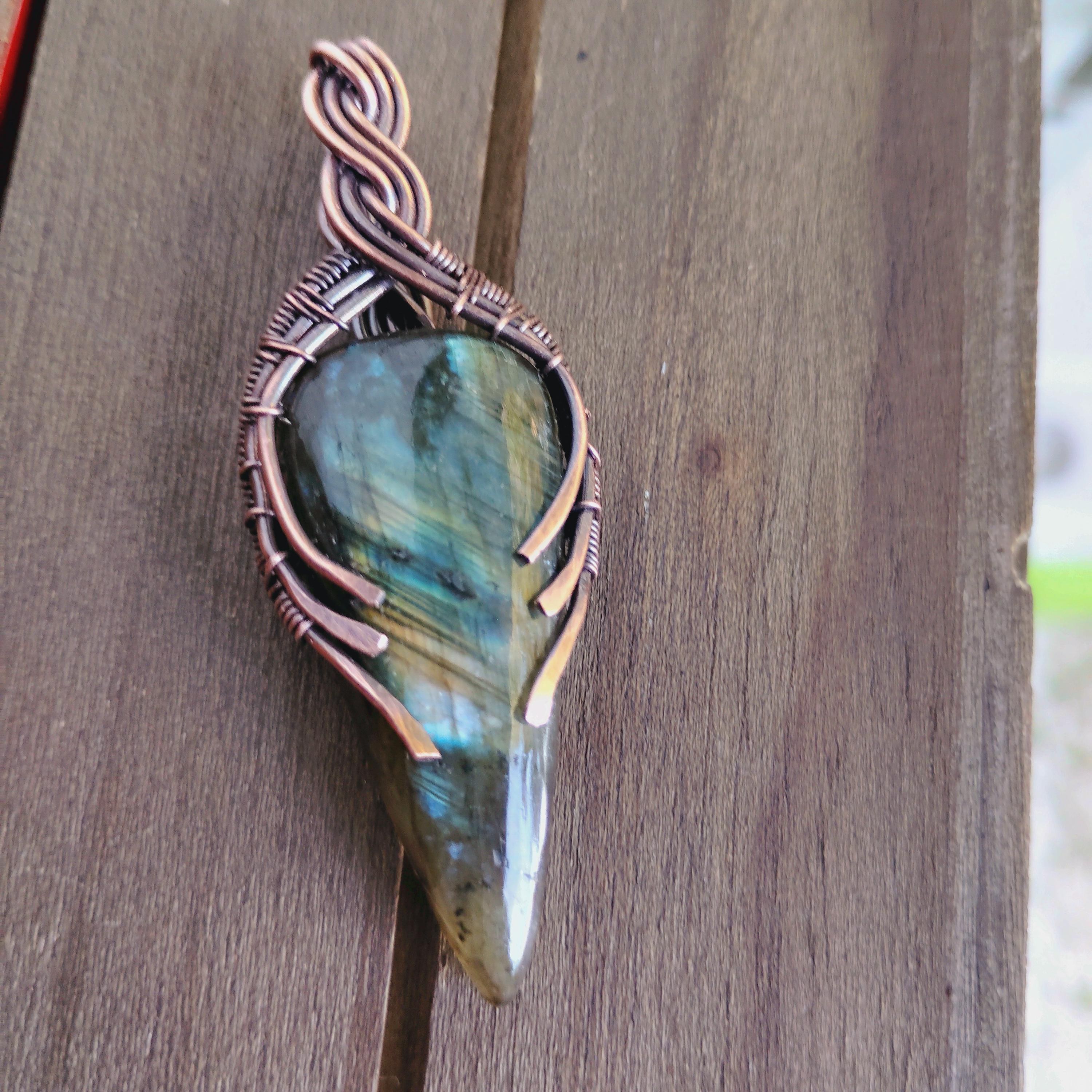 Unique Labradorite Pendant & Matching Beaded Copper Chain – 17" Wire Wrapped Necklace, view 3