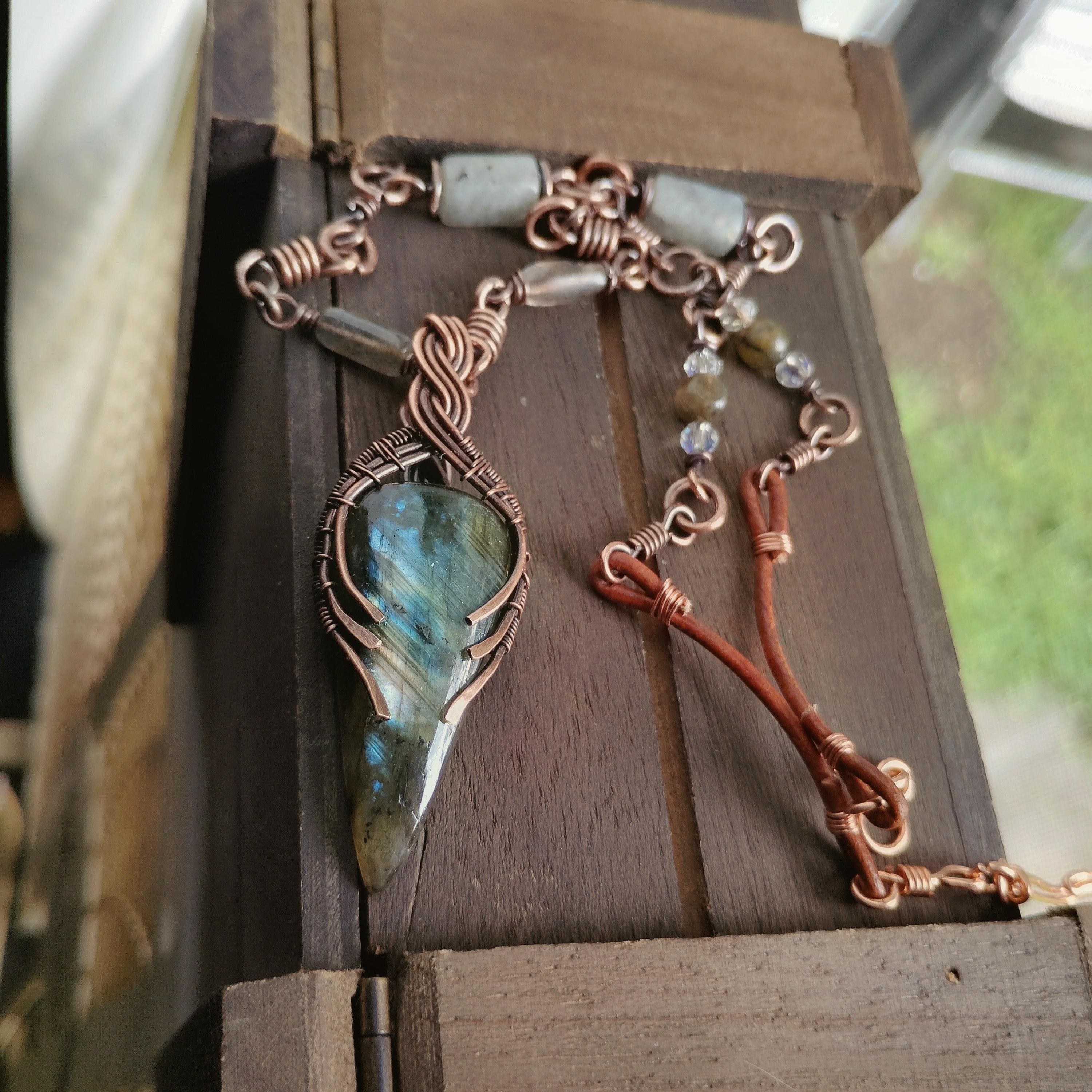 Unique Labradorite Pendant & Matching Beaded Copper Chain – 17" Wire Wrapped Necklace, view 4