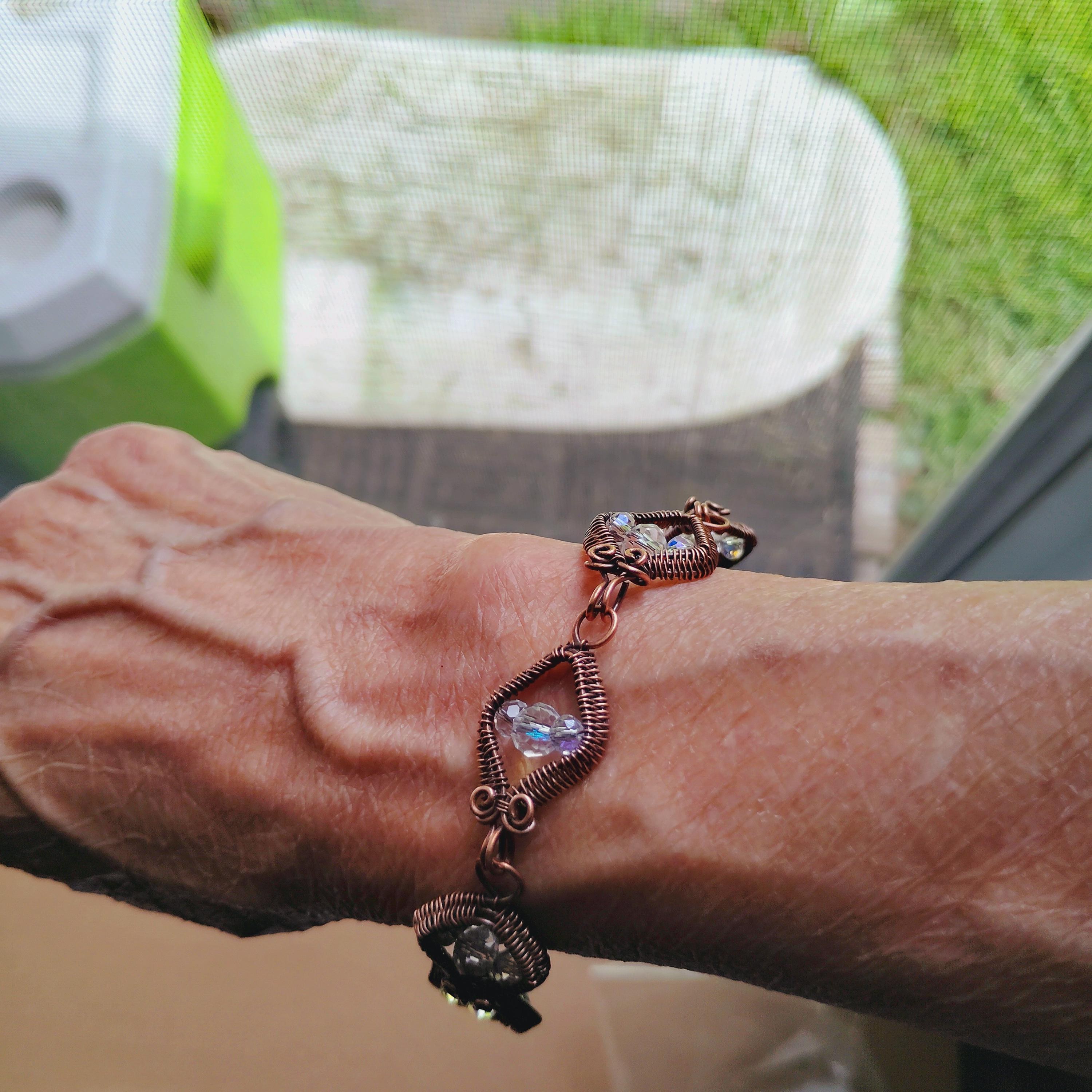 Wire wrapped Copper and Glass Crystal beaded Bracelet size 7 inches 18cm