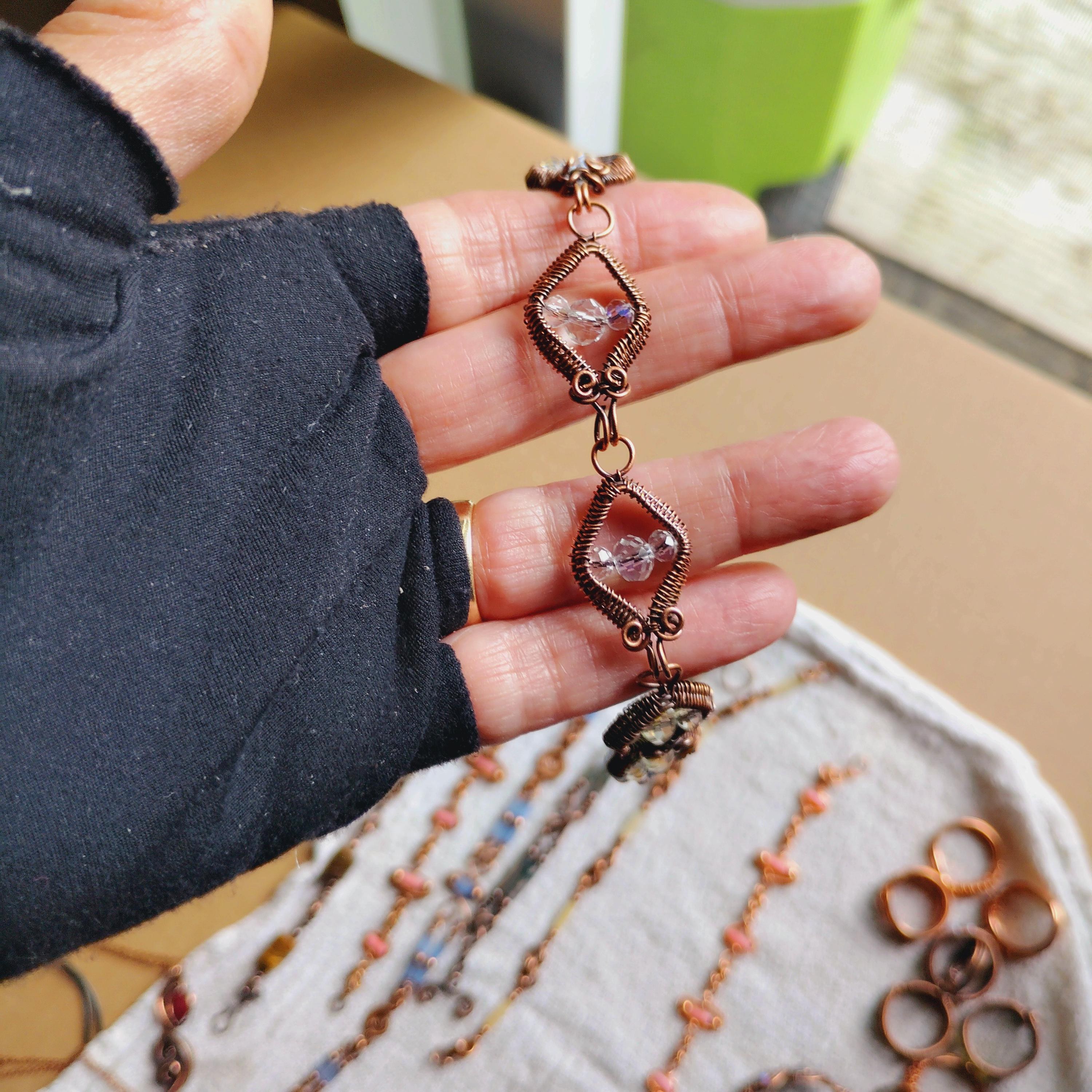 Wire wrapped Copper and Glass Crystal beaded Bracelet size 7 inches 18cm, view 2