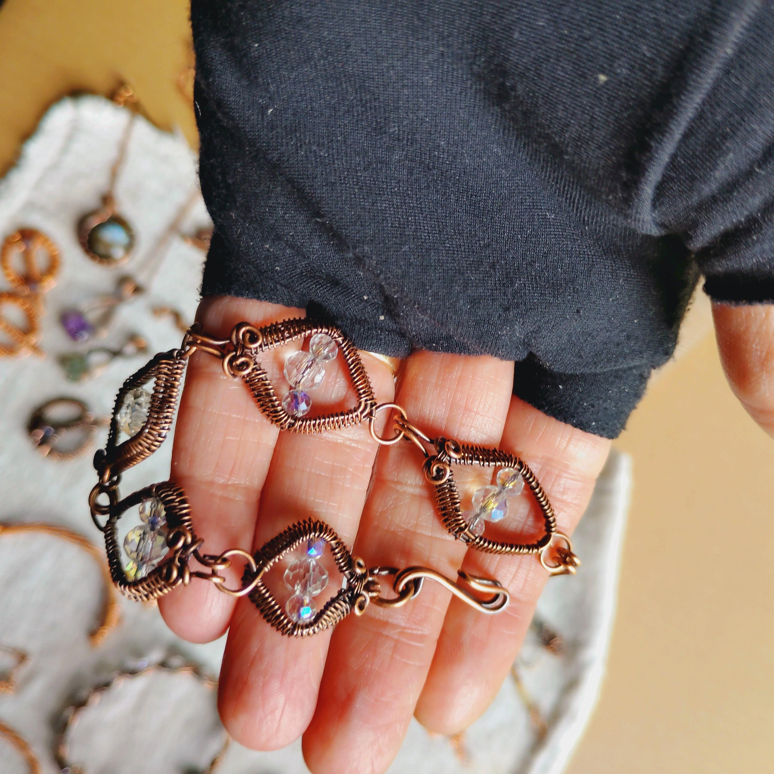 Wire wrapped Copper and Glass Crystal beaded Bracelet size 7 inches 18cm, view 3