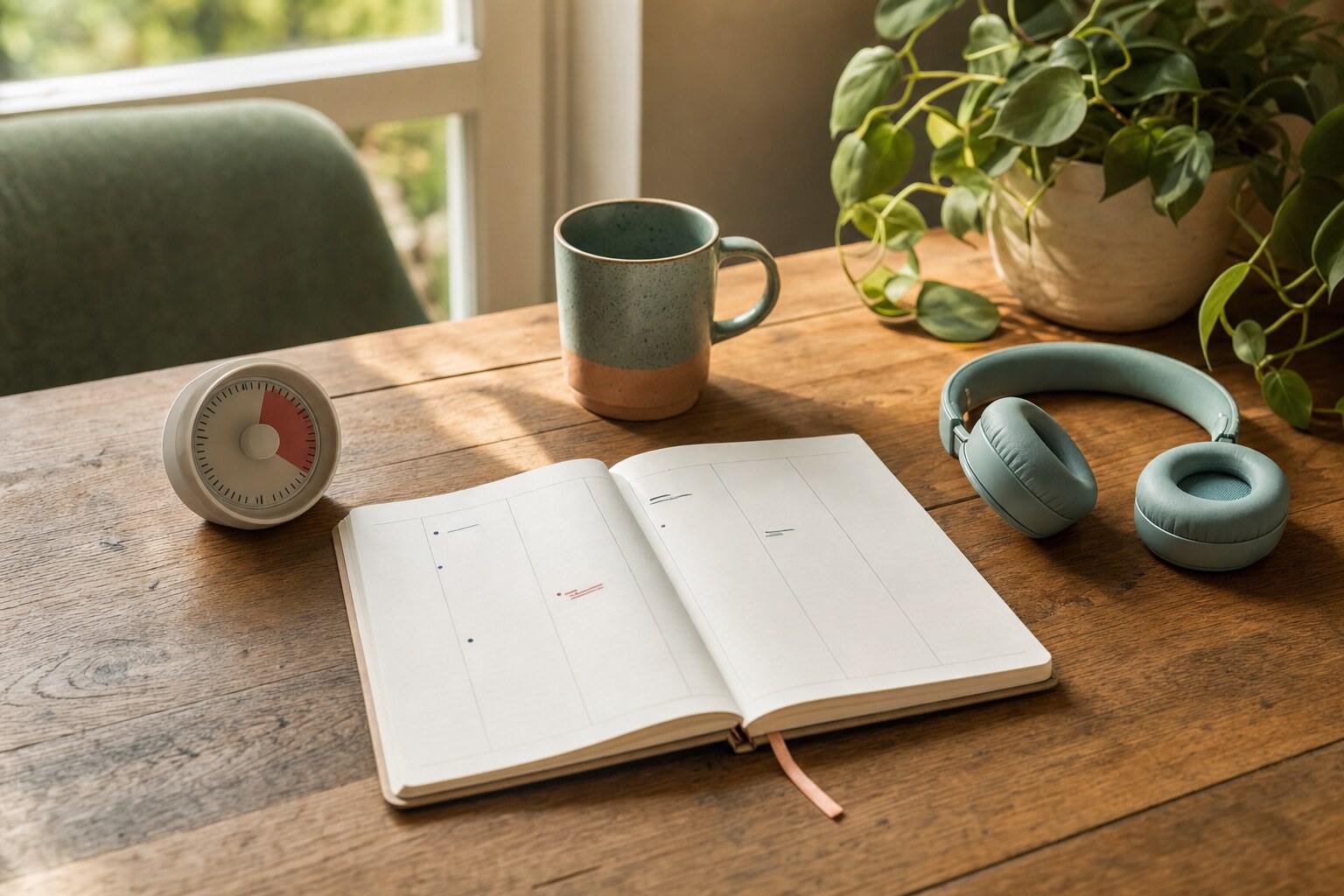 An open planner, timer, headphones, mug, and trailing plant on a sunlit wooden table.