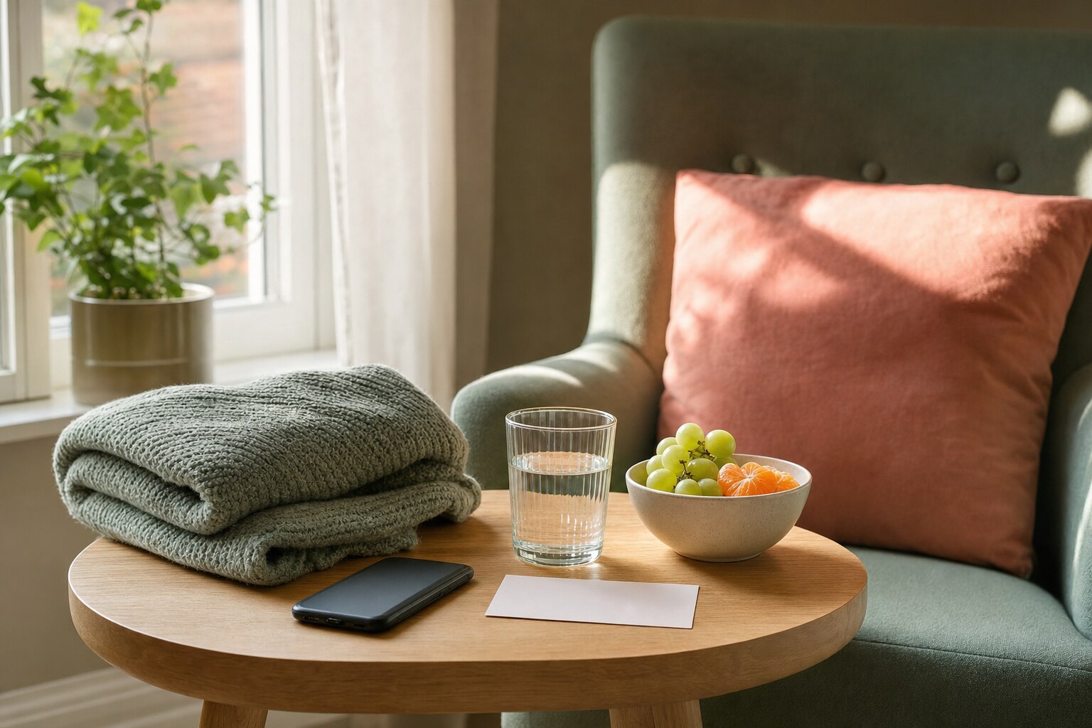 A folded blanket, fruit, water glass, phone, and blank note card beside a green armchair.