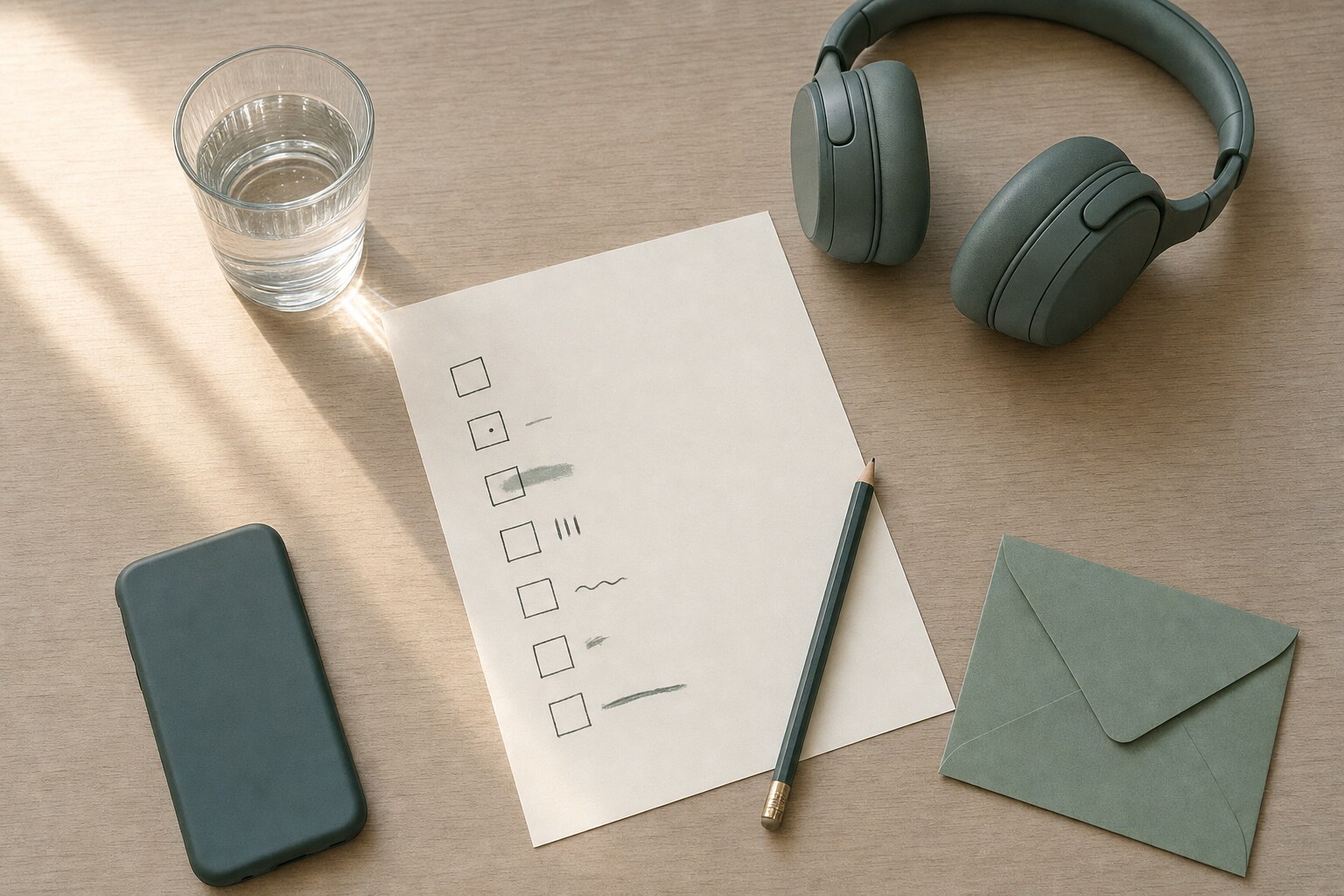 A simple checklist, water glass, headphones, phone, pencil, and envelope on a wooden desk.