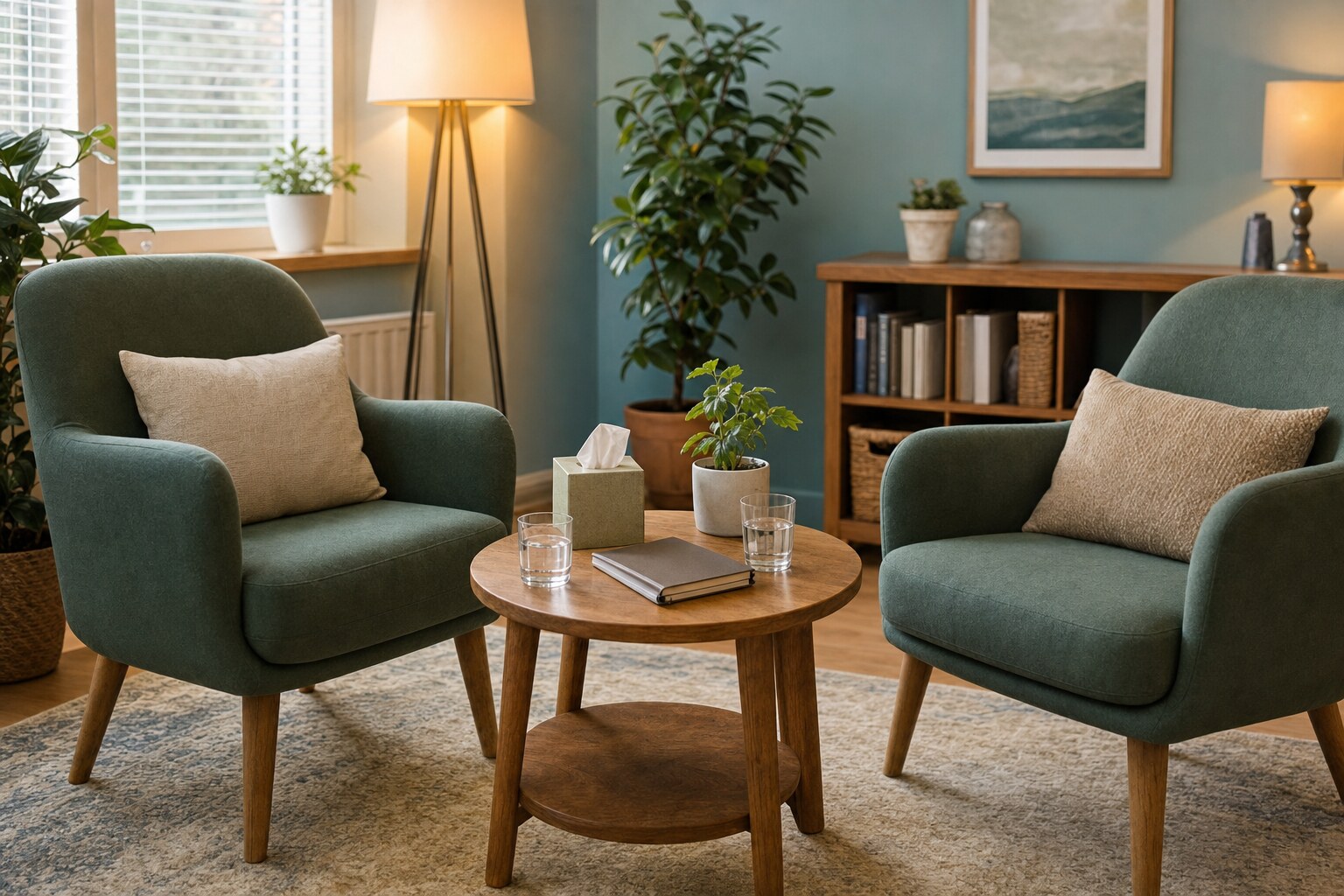 Two green chairs, water glasses, a notebook, and a plant in a calm counseling room.