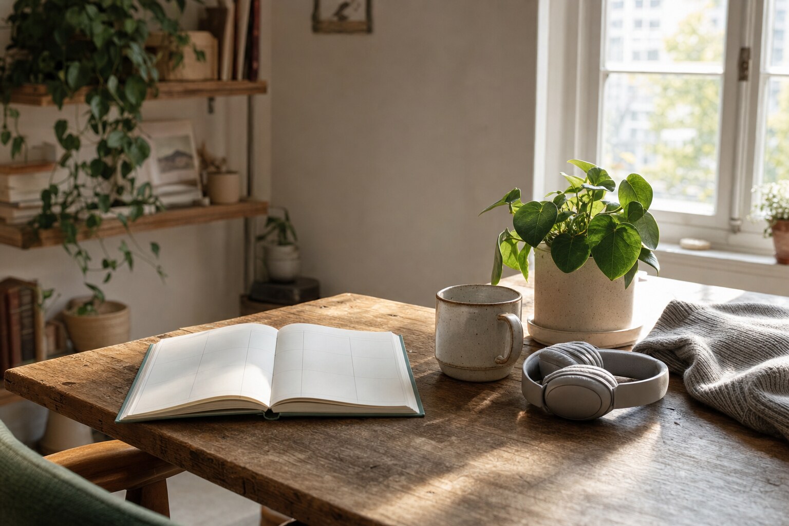 An open blank weekly planner, mug, headphones, plant, and folded sweater on a sunlit wooden table.