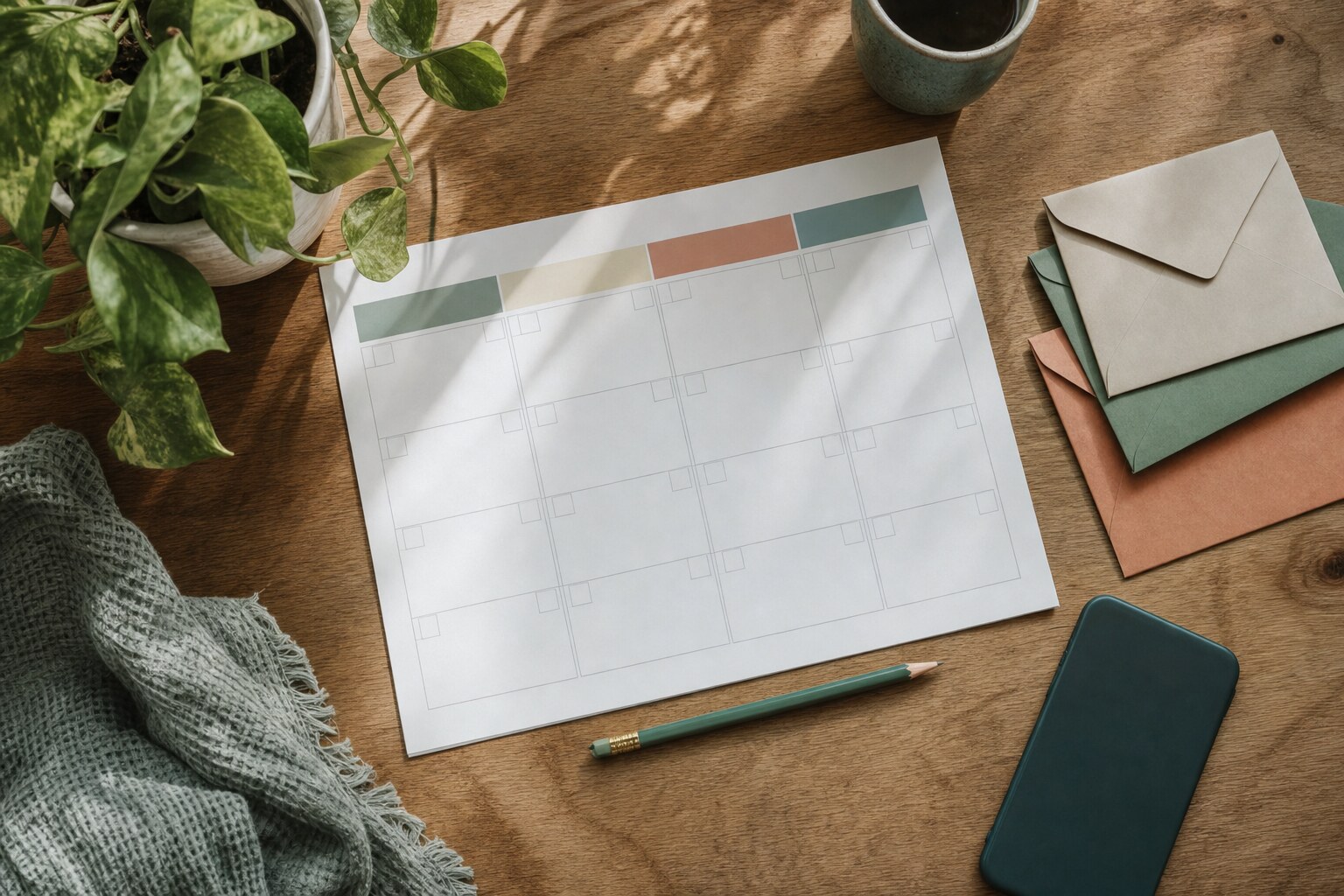 A blank paper calendar, envelopes, pencil, phone, and plant on a wooden desk.