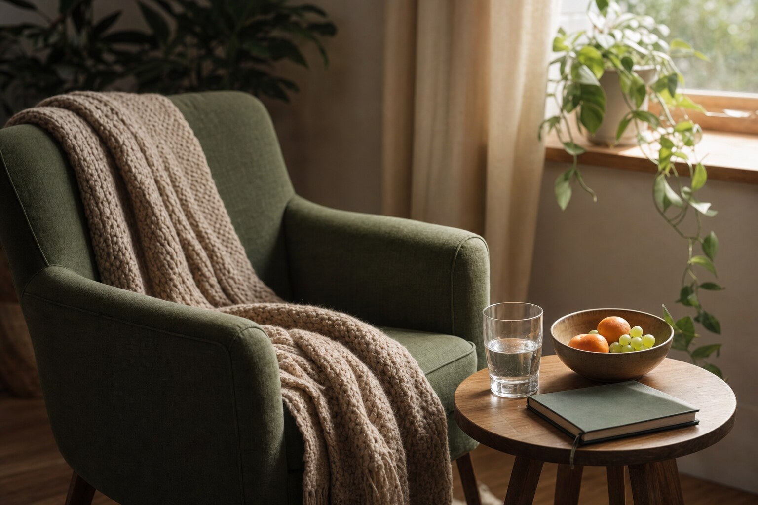 A green armchair with a knitted blanket beside water, fruit, and a closed notebook in window light.