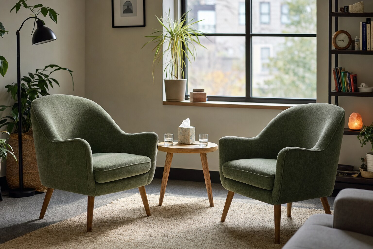 Two green counseling chairs with water glasses and a tissue box in a light-filled room.