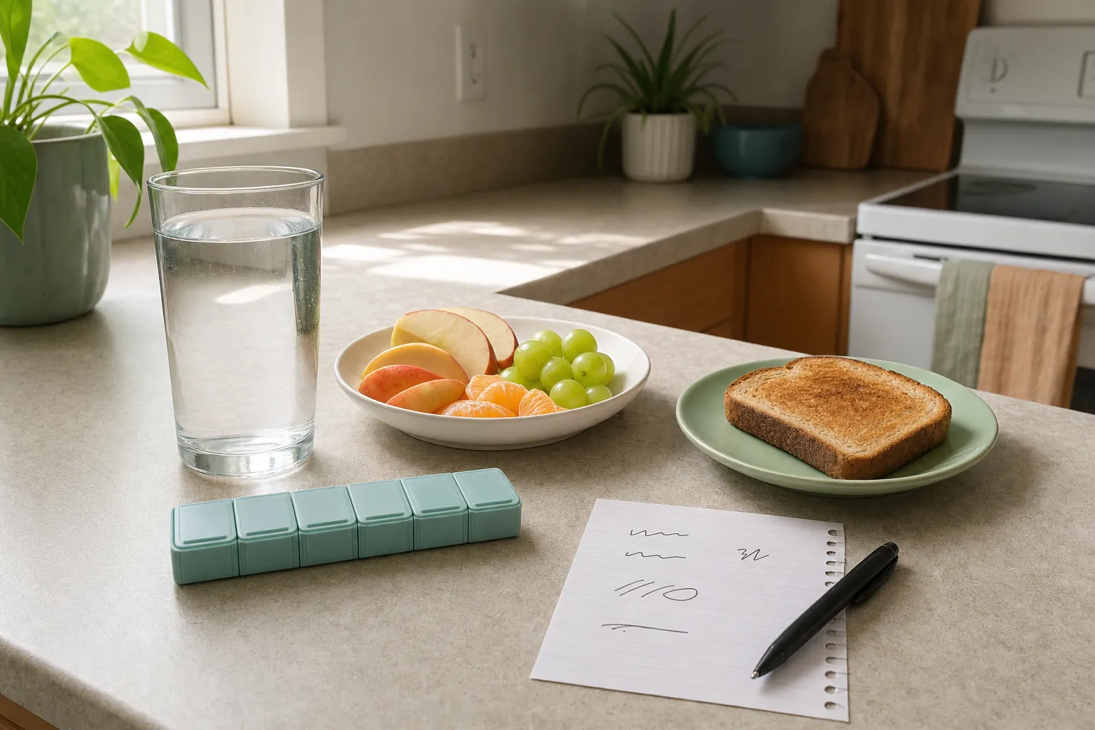 Water, fruit, toast, a closed pill organizer, and a note with simple marks on a sunlit kitchen counter.