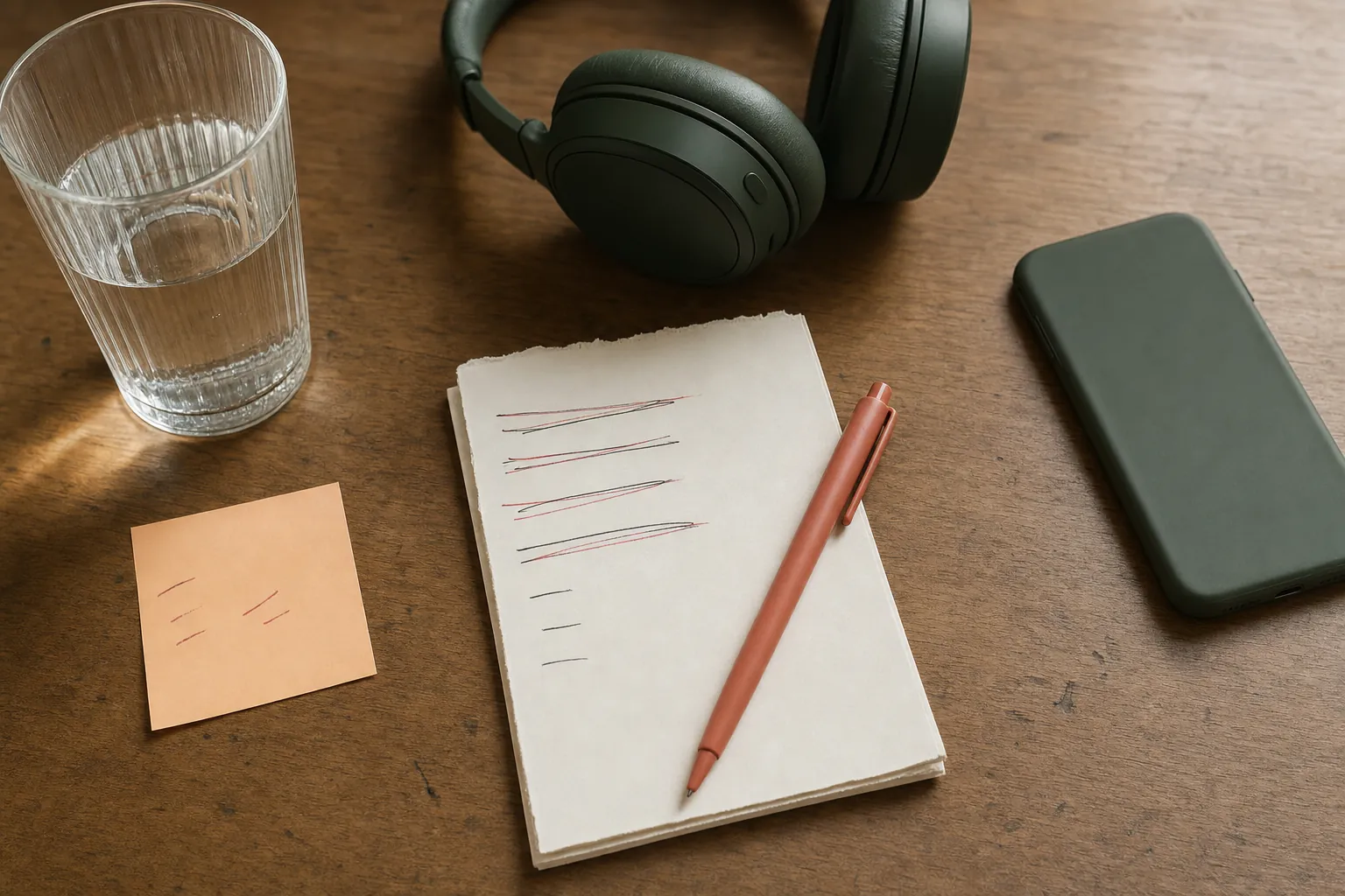 A short paper task list with several lines crossed out beside headphones, a glass of water, and a phone on a wooden desk.