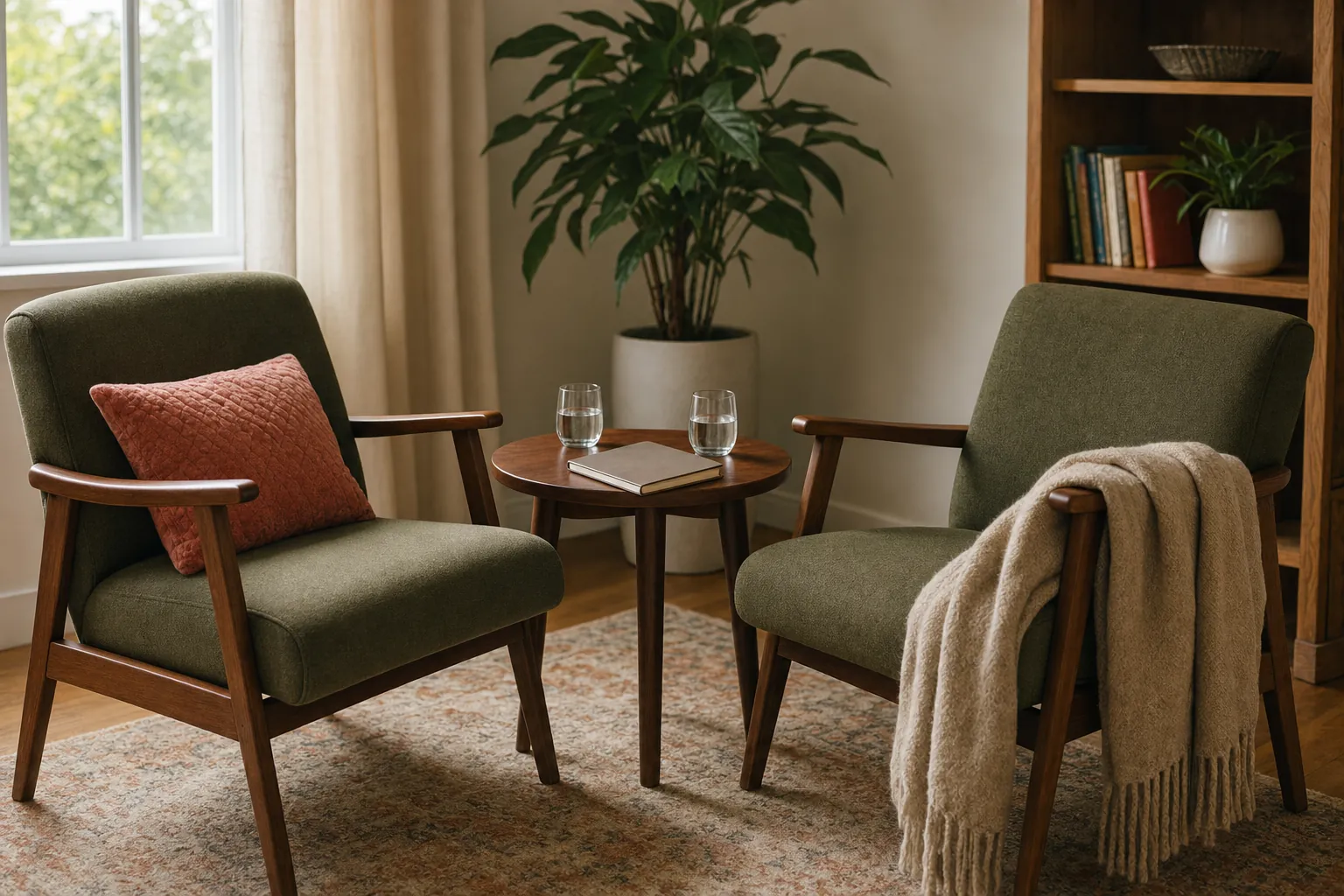 Two comfortable green chairs facing each other with water glasses and a notebook on a small wooden table between them.