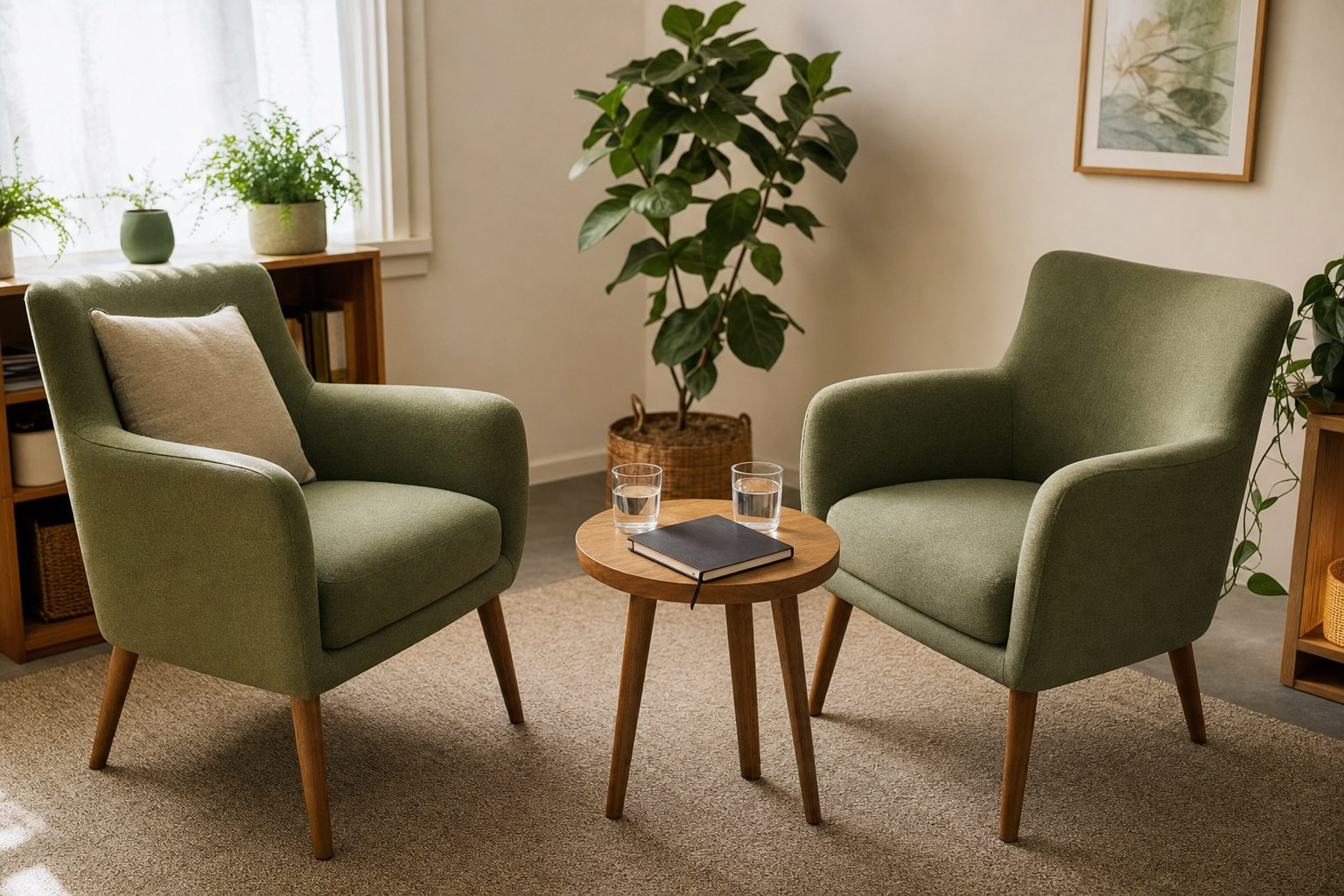 Two green armchairs facing each other with water glasses and a notebook in a calm counseling room.