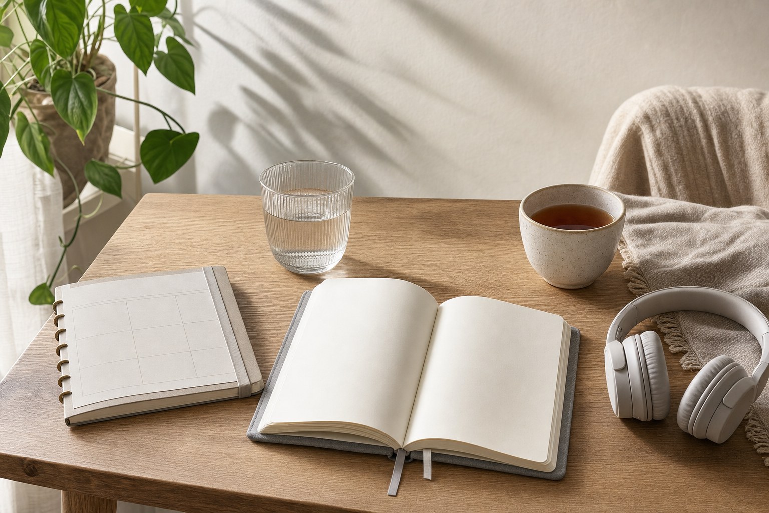 An open blank journal, weekly planner, water glass, tea, and headphones on a sunlit wooden table.