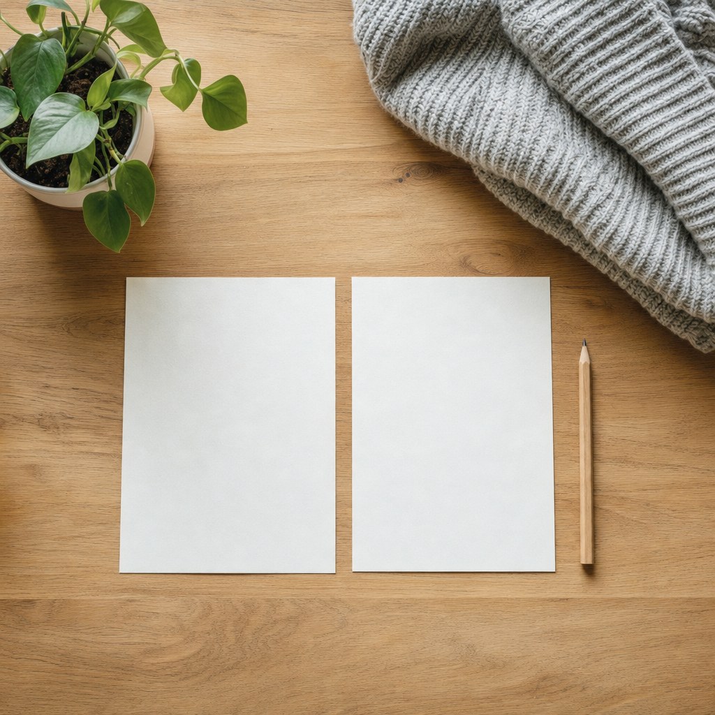 Two blank sheets of paper, a pencil, a folded sweater, and a plant on a wooden table.