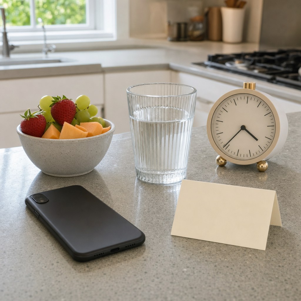 A phone, fruit, water glass, small clock, and blank note card on a kitchen counter.