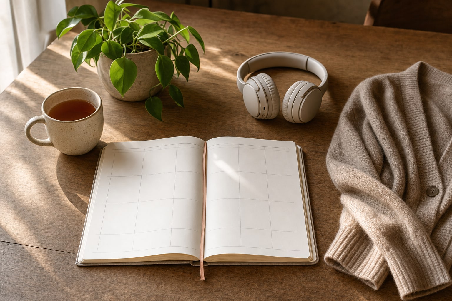 An open weekly planner, tea, headphones, a soft cardigan, and a plant on a wooden table.