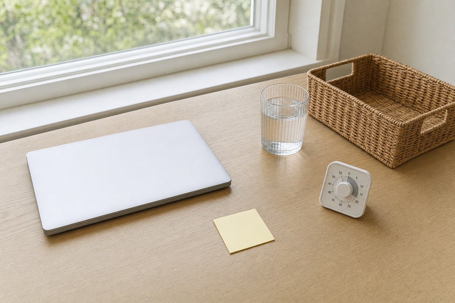 A quiet desk with a closed laptop, water glass, timer, blank sticky note, and woven basket.