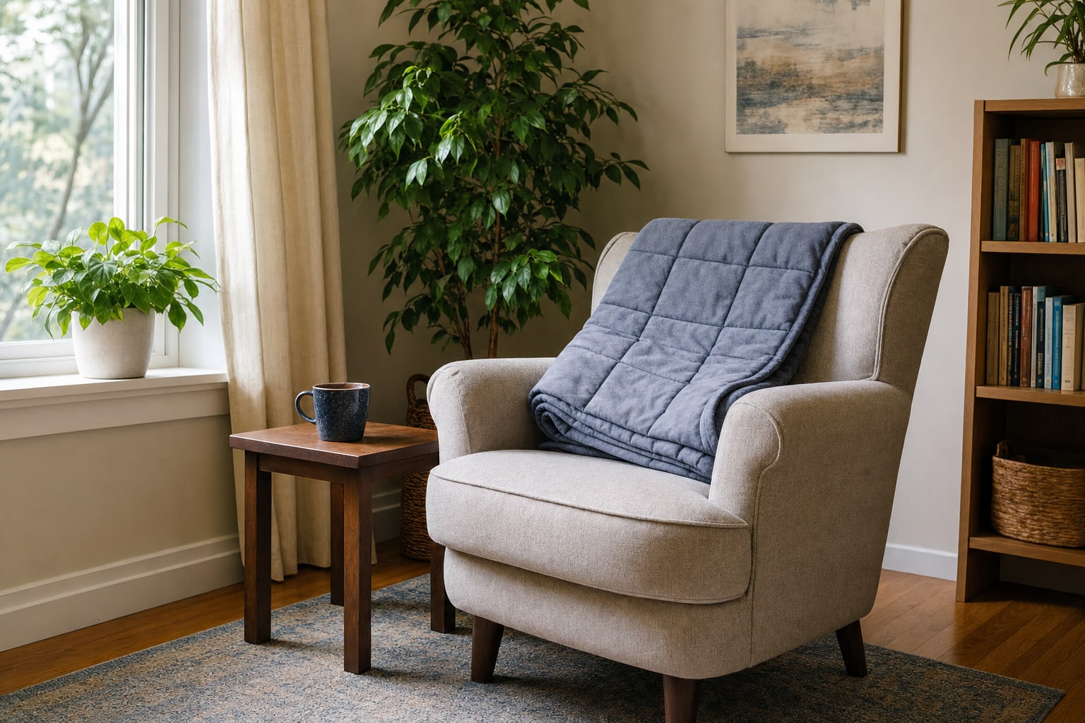 A comfortable chair with a folded blanket, mug, side table, window light, and plants.