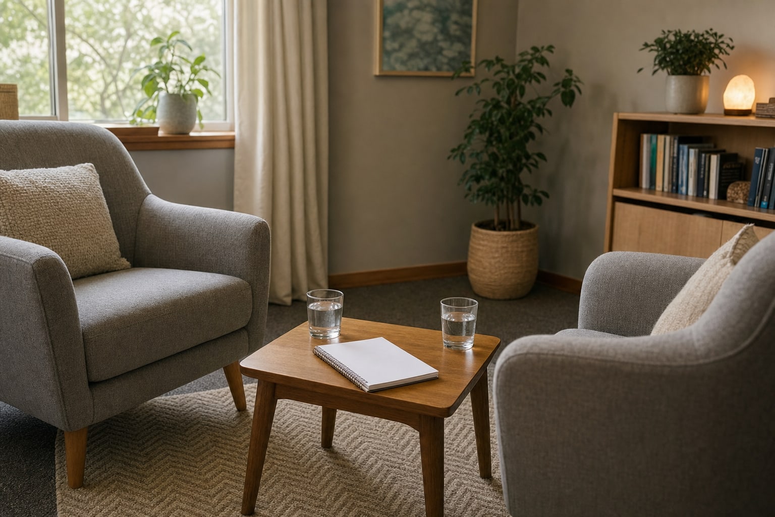 Two armchairs facing each other with water glasses and a blank notebook in a calm counseling room.