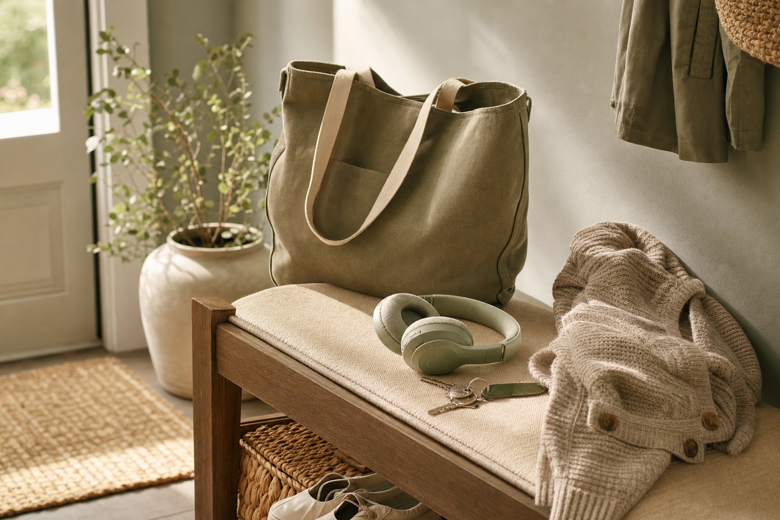 A tote bag, headphones, keys, and cardigan resting on a bench after a long day.