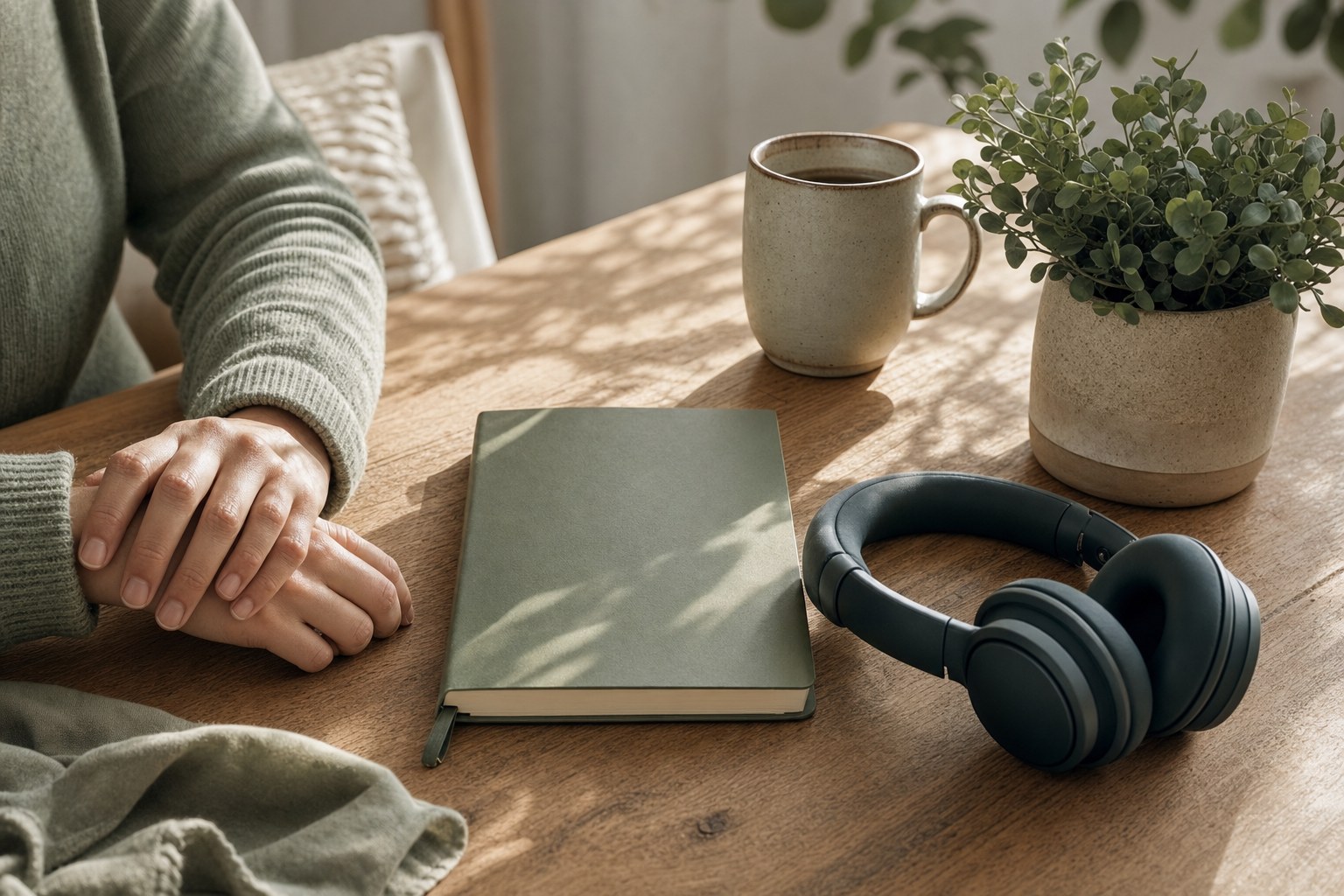 A person resting their hands beside a notebook, headphones, tea, and a plant on a sunlit table.