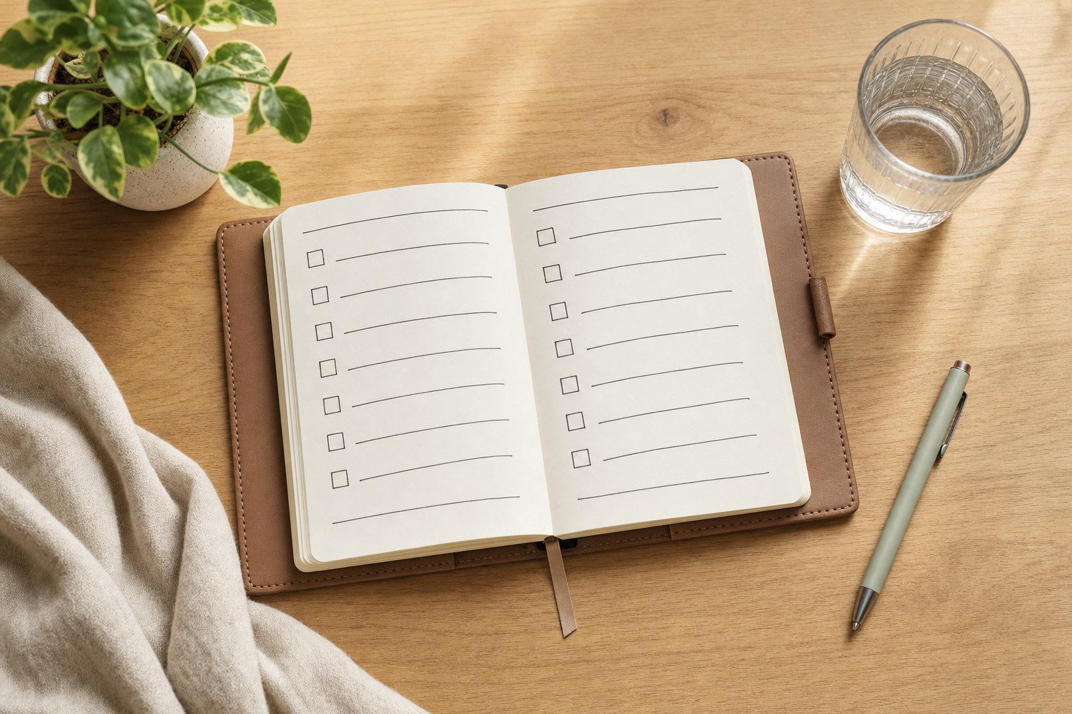 A simple paper planner with blank checklist lines, a pen, water, and a plant.