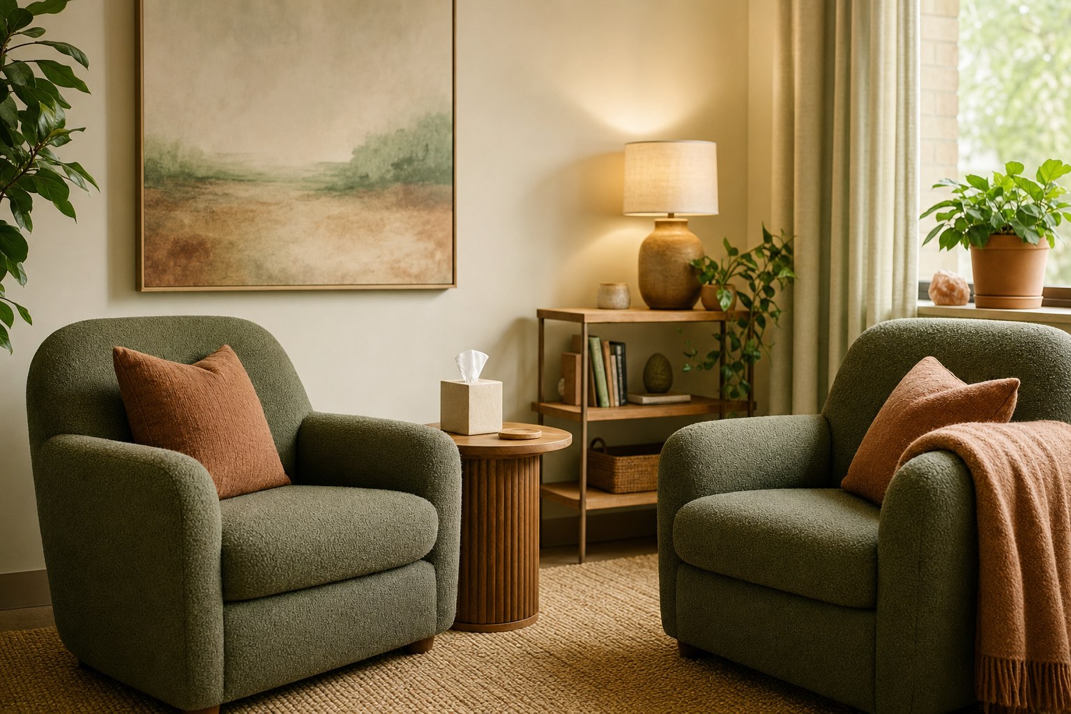 Two comfortable green armchairs in a calm, softly lit therapy room.