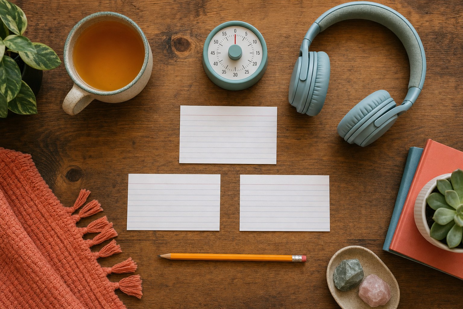 Blank index cards, a timer, headphones, tea, notebooks, a pencil, and plants on a wooden desk.