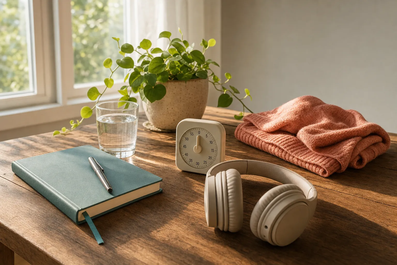 A notebook, timer, headphones, water glass, folded sweater, and plant on a sunlit wooden table.