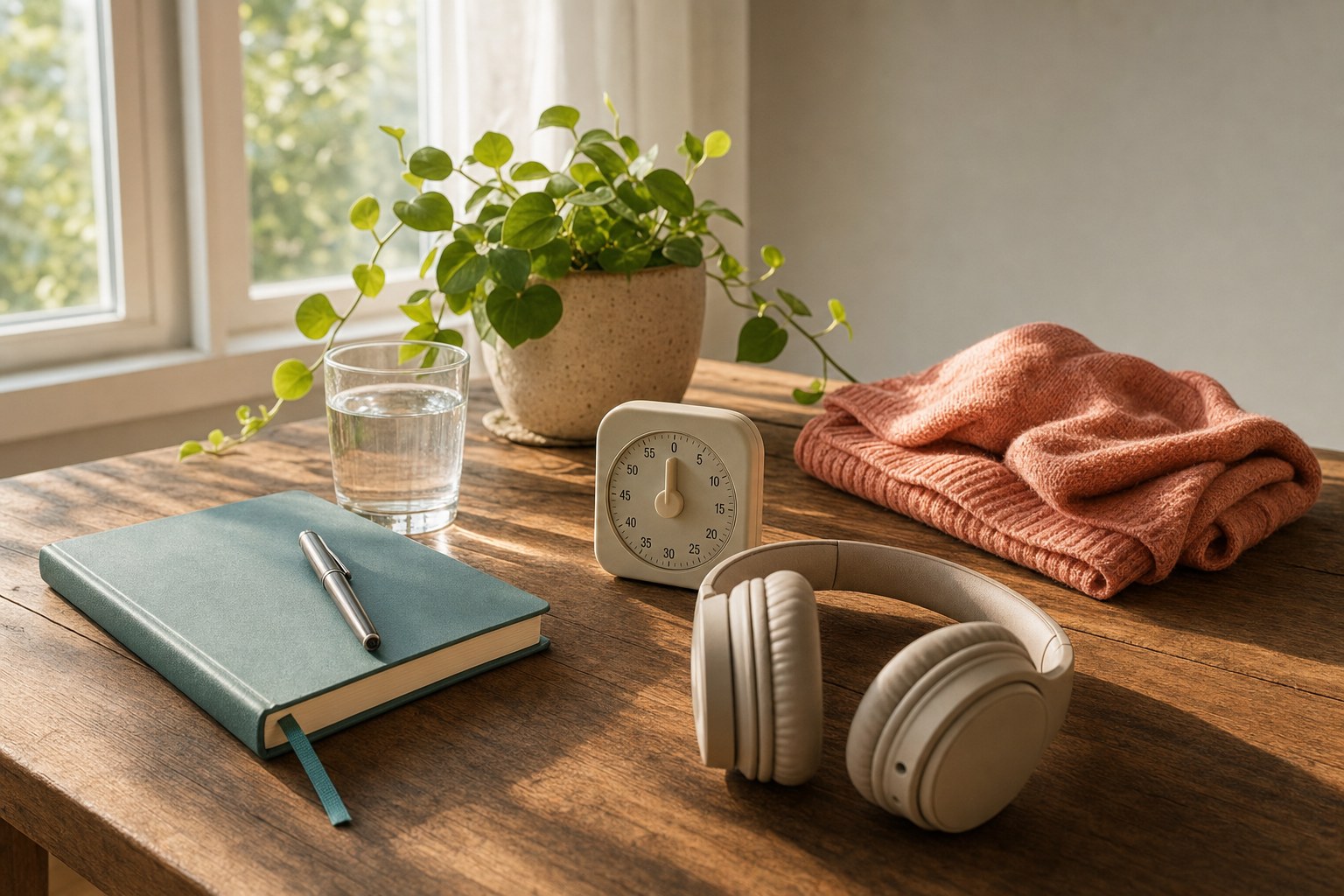 A notebook, timer, headphones, water glass, folded sweater, and plant on a sunlit wooden table.